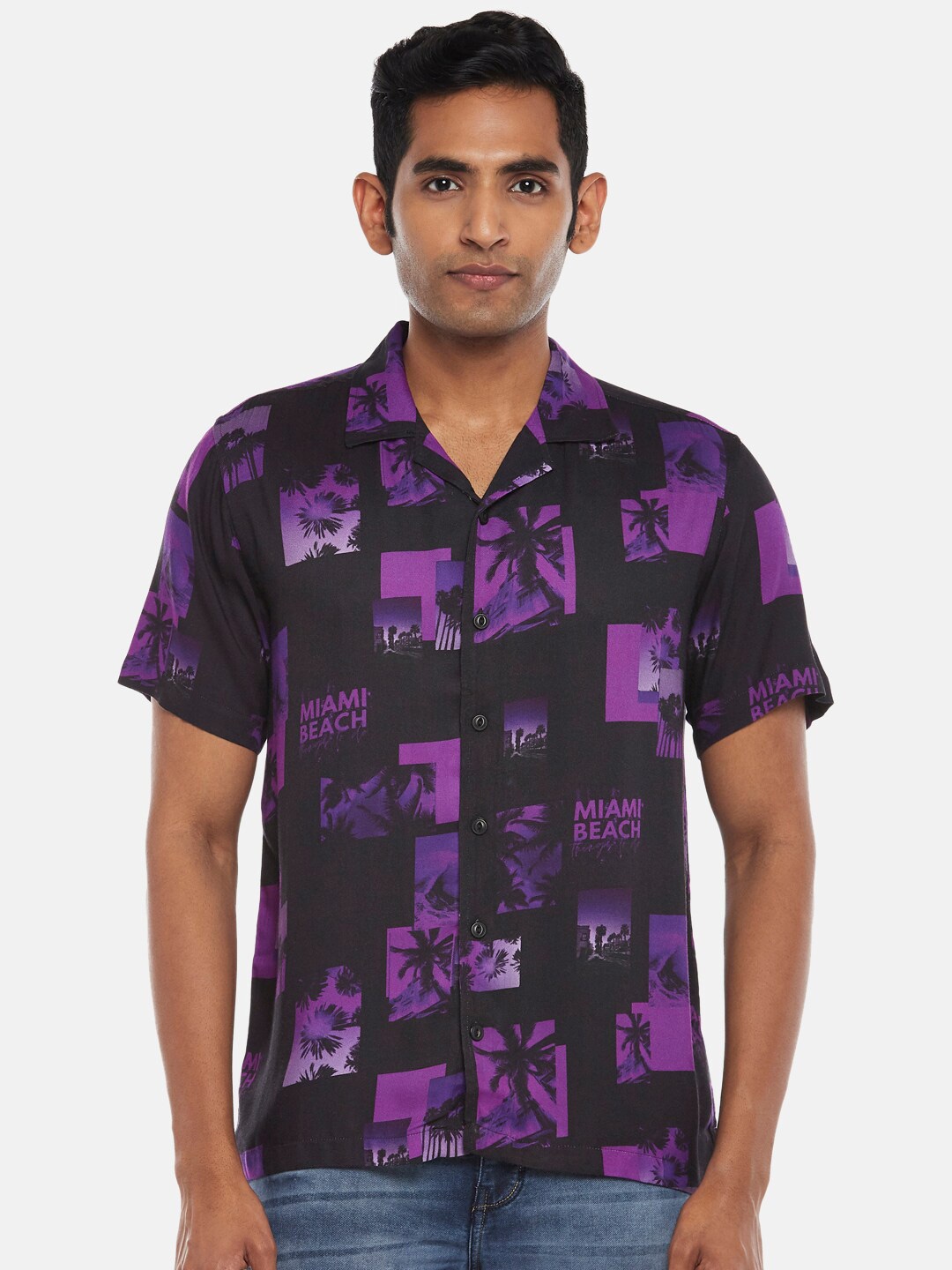 

People Men Purple & Black Slim Fit Printed Casual Shirt