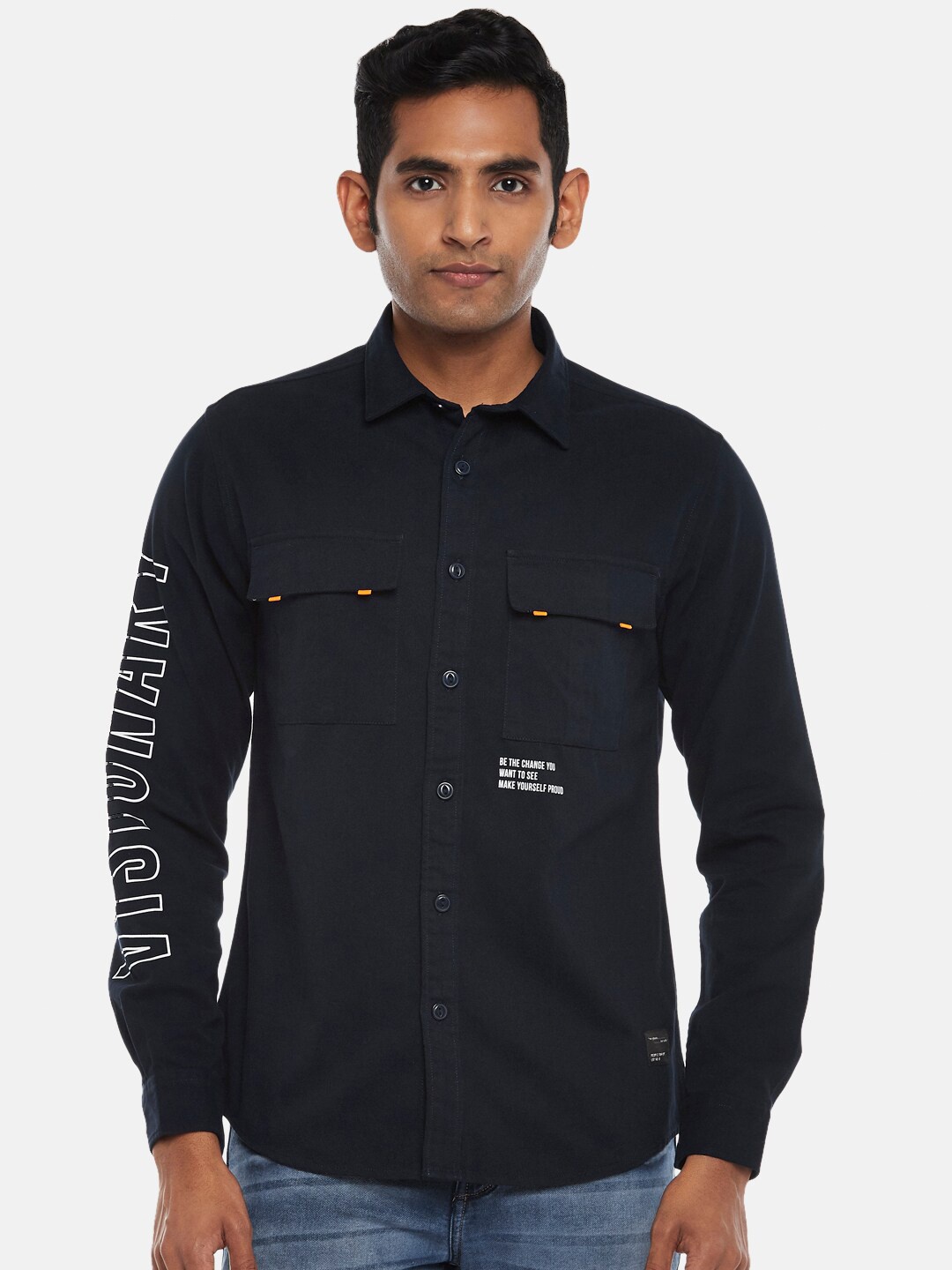 

People Men Navy Blue Slim Fit Casual Shirt