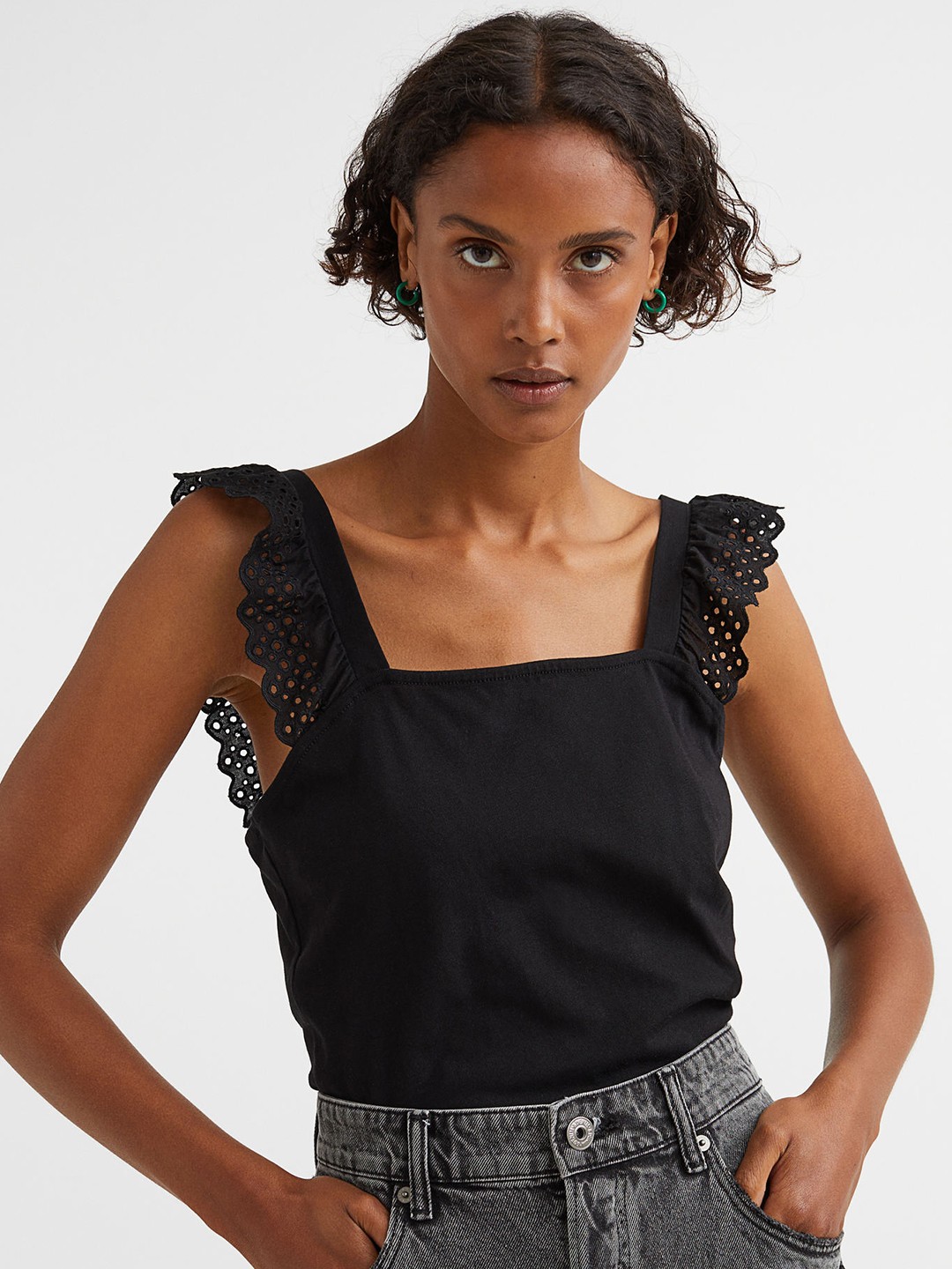 

H&M Women Black Flounce-Trimmed Cotton Top