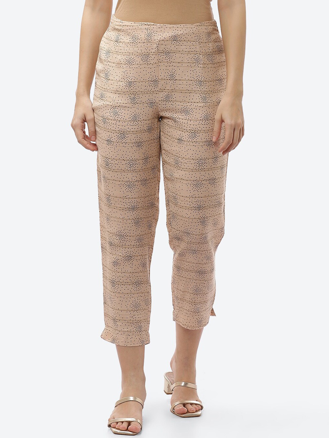 

Biba Women Beige Textured Printed Urban Slim Fit Trousers