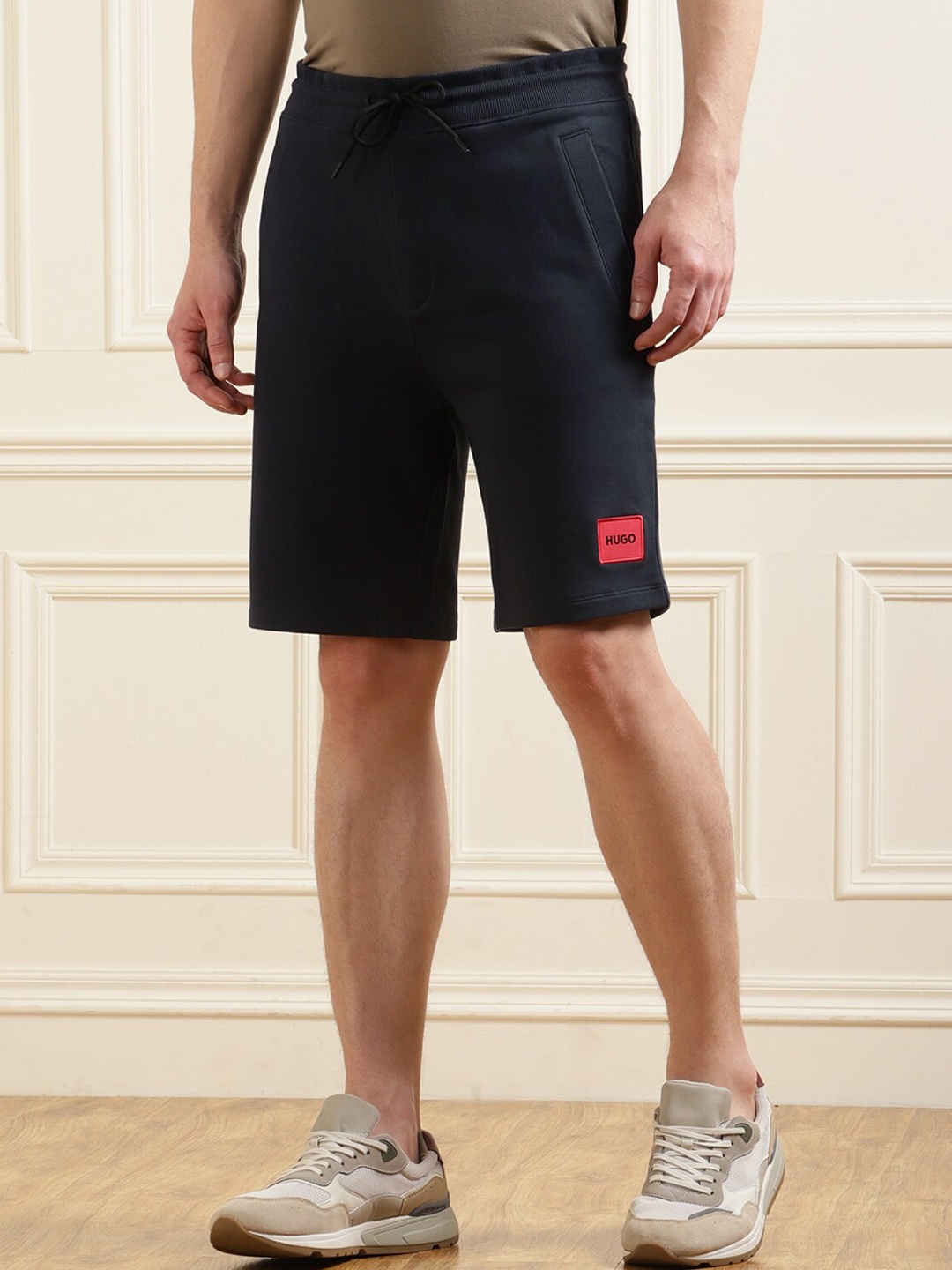 

HUGO Men Navy Blue Solid Shorts With Red Patch