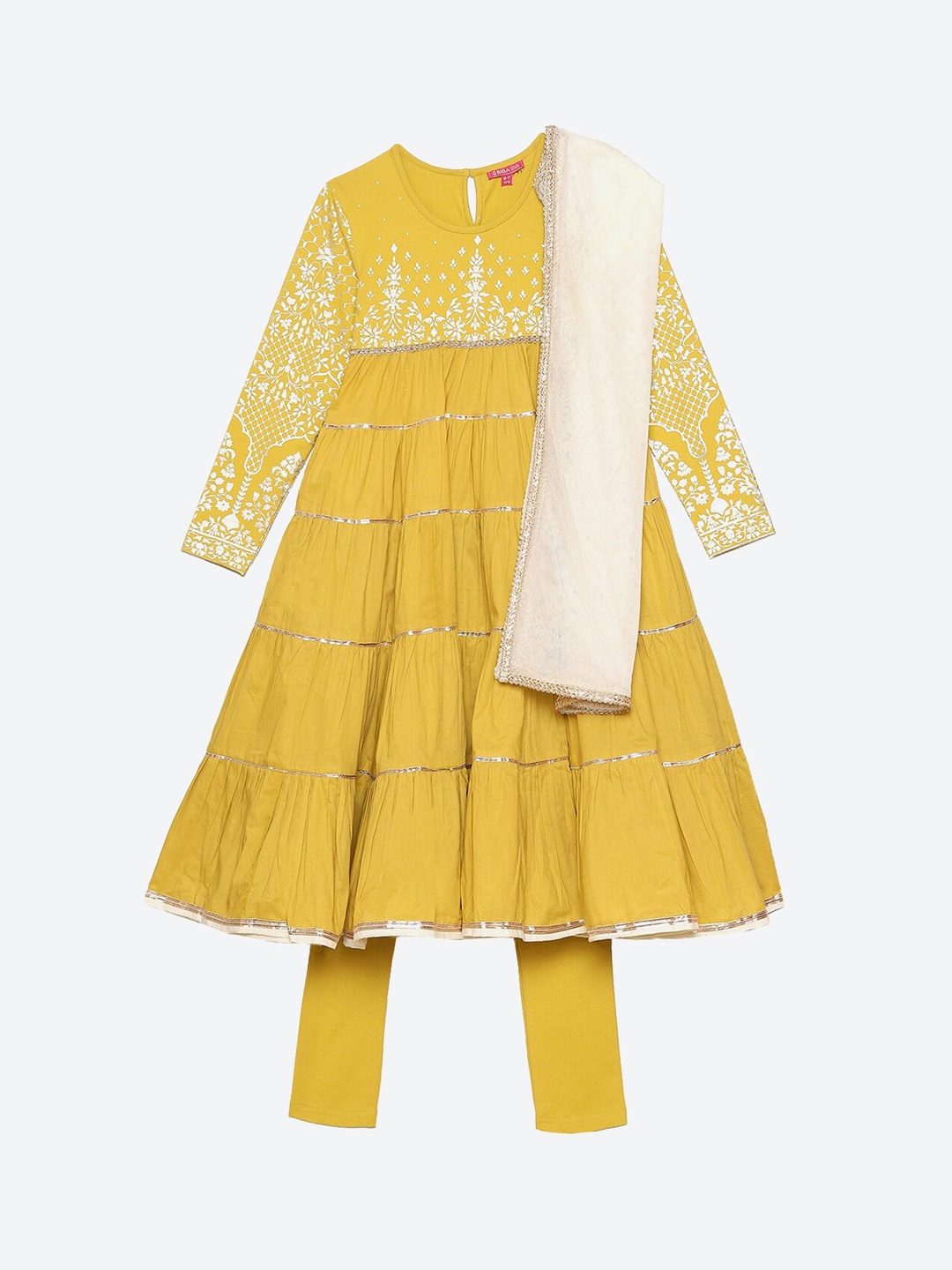 

Biba Girls Yellow & White Tiered Kurta with Leggings & Dupatta