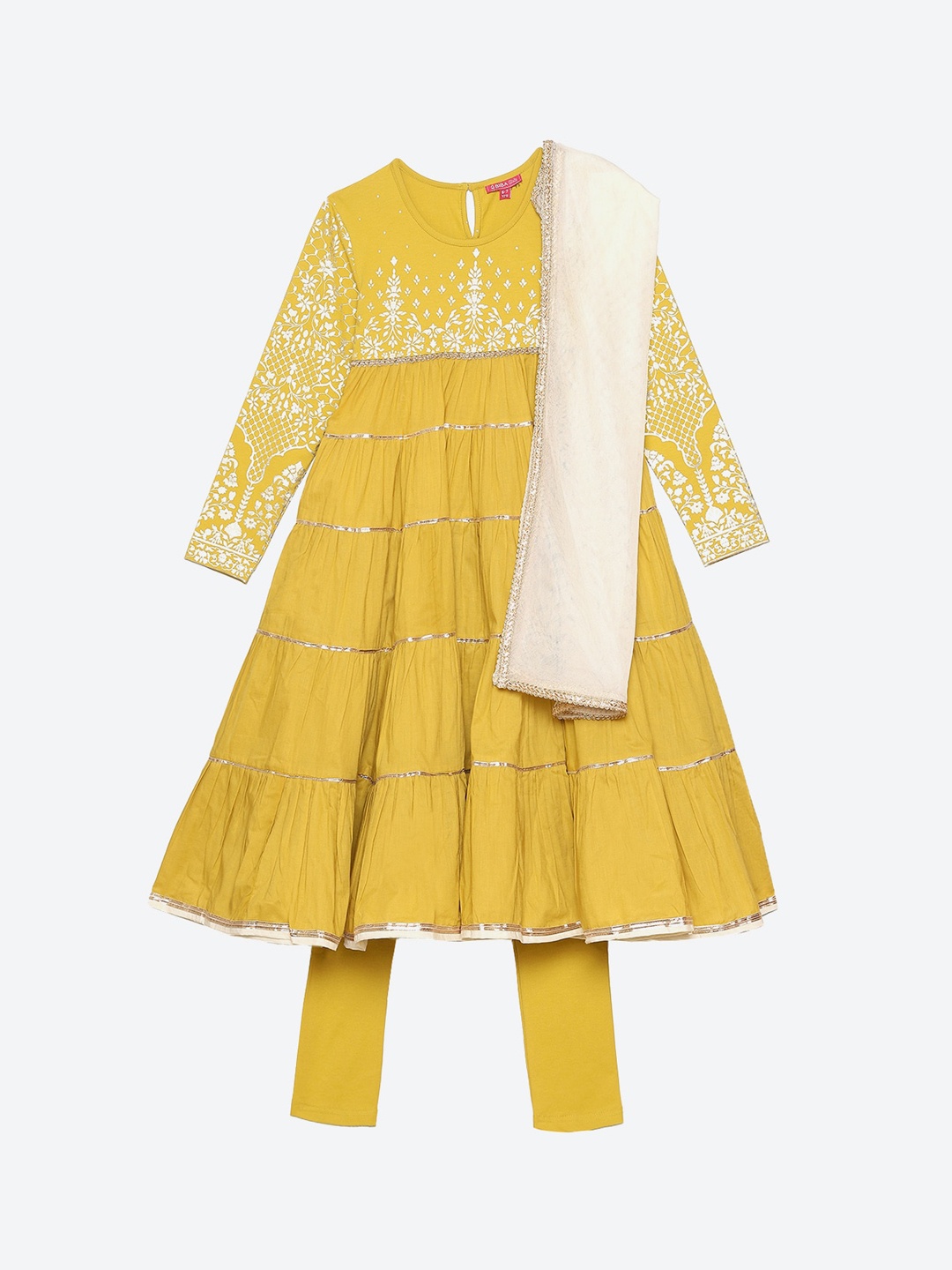 

Biba Girls Yellow Embroidered Tiered Kurta with Sharara & With Dupatta