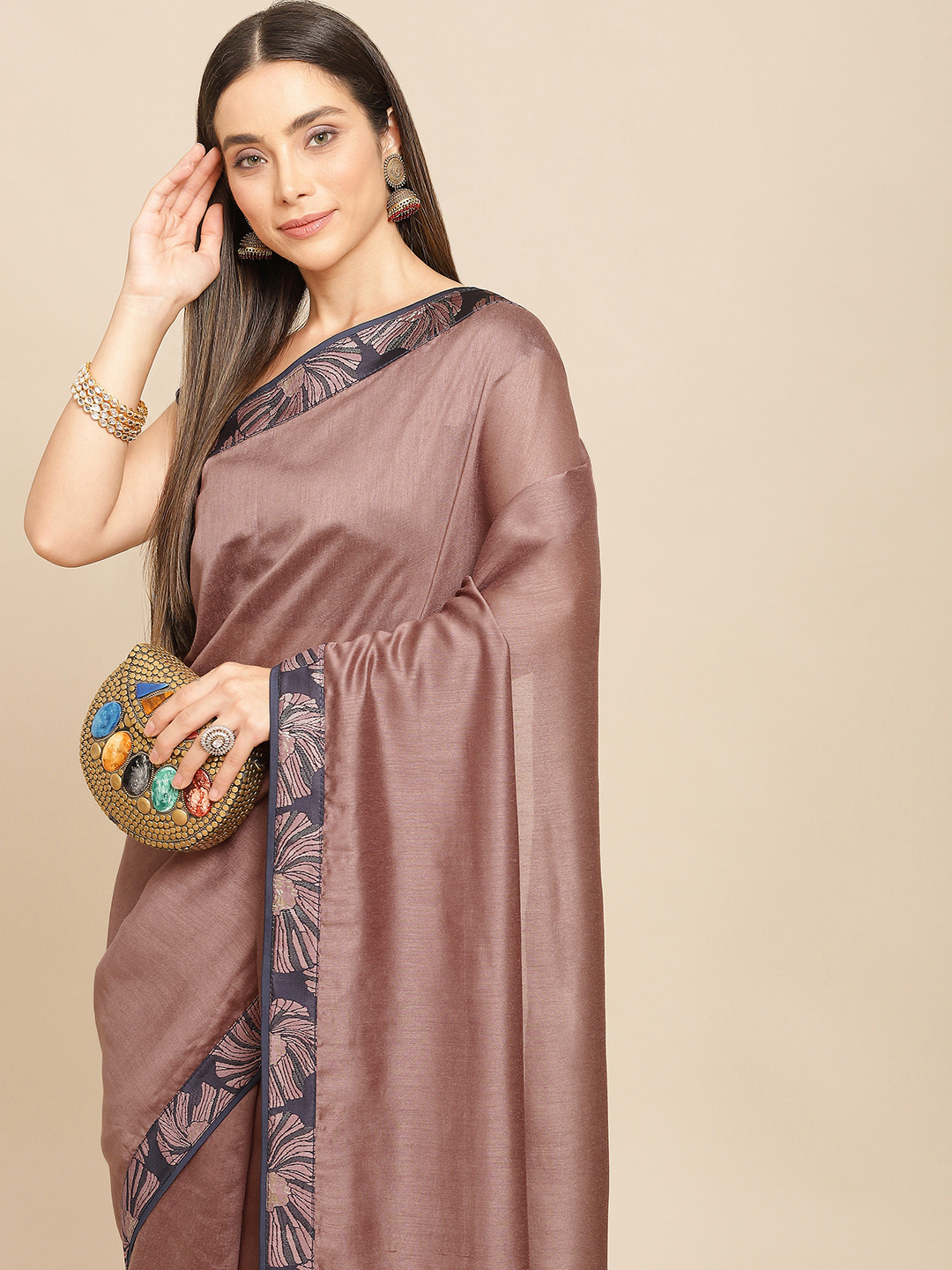

Nimayaa Dusty Pink Solid Satin Saree, Rose