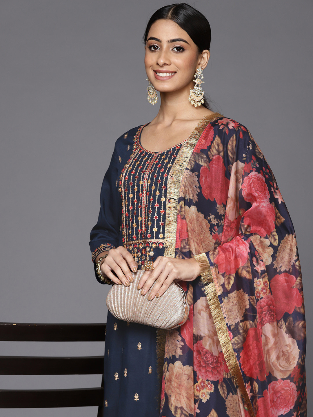 

Varanga Women Blue Embroidered Kurta with Trousers & With Dupatta