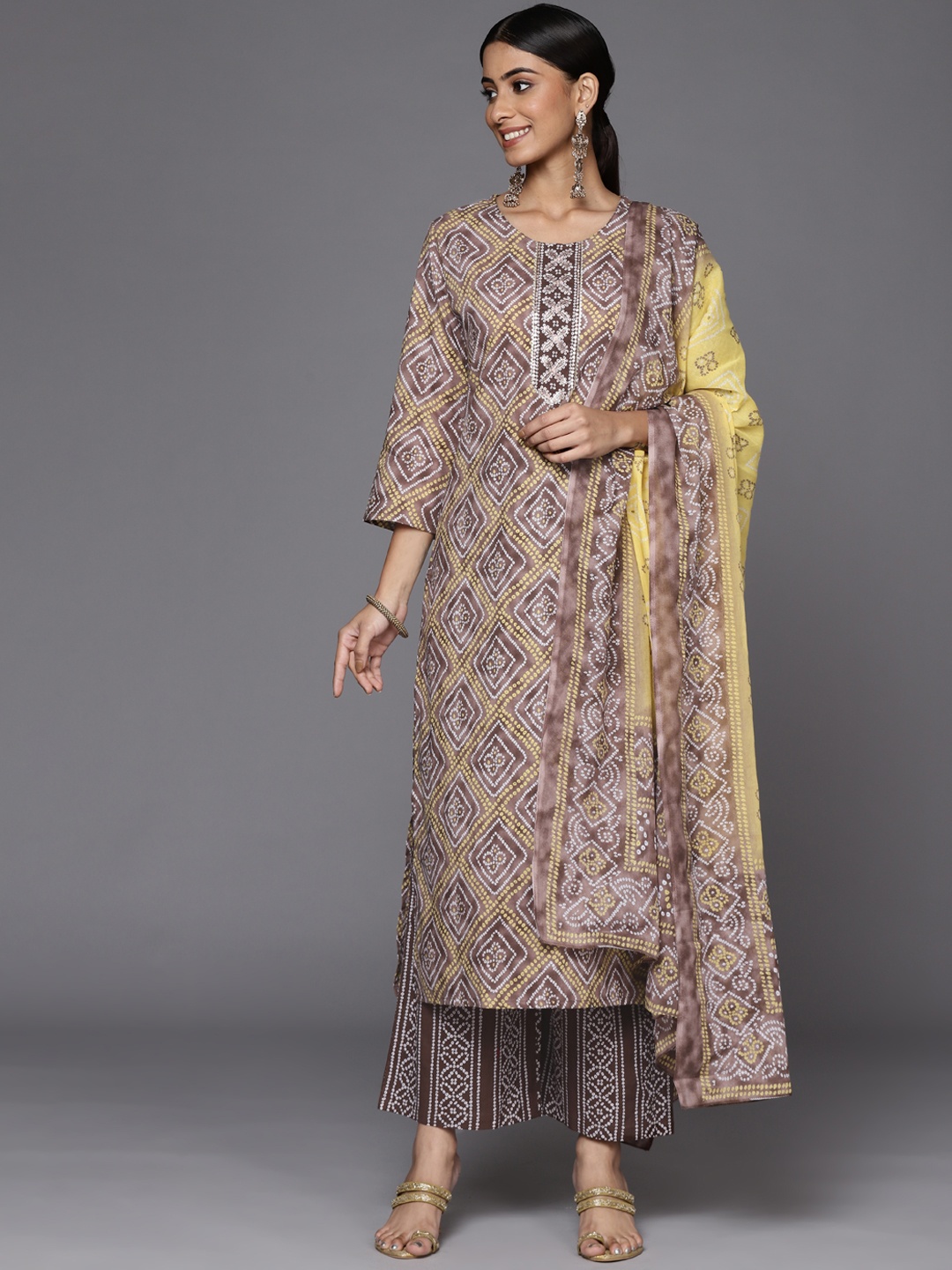 

Varanga Women Brown Bandhani Printed Gotta Patti Pure Cotton Kurta with Palazzos & With Dupatta