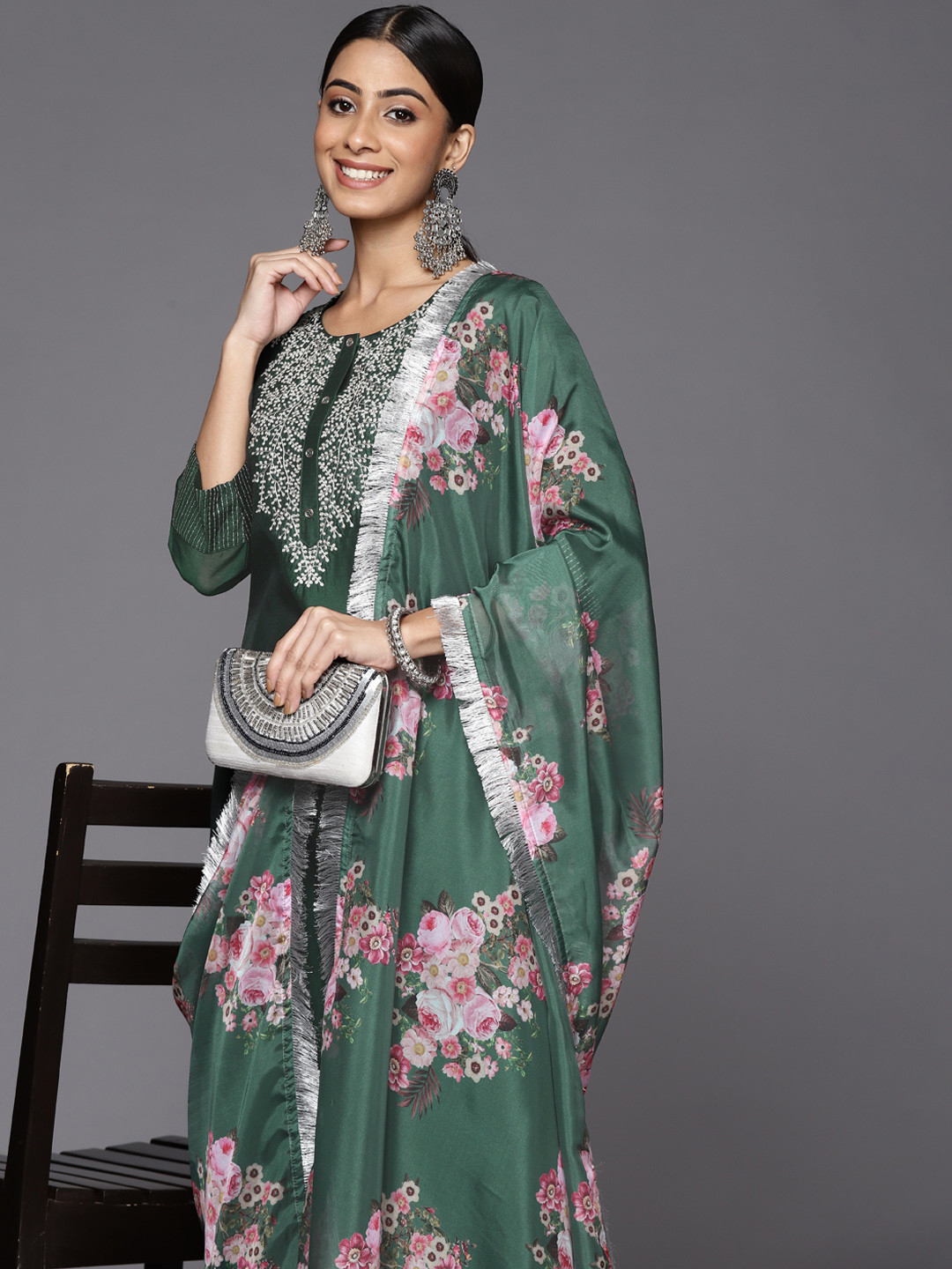 

Varanga Women Green Floral Yoke Design Chanderi Silk Kurta with Trousers & With Dupatta