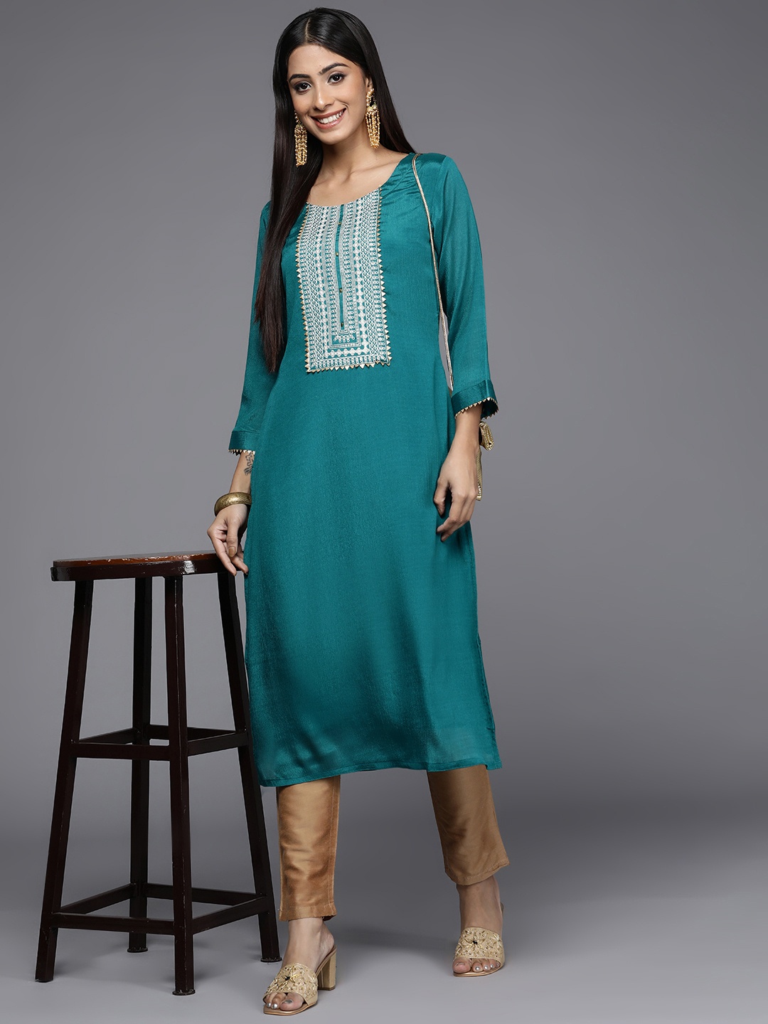 

Varanga Women Teal Ethnic Motifs Yoke Design Gotta Patti Kurta