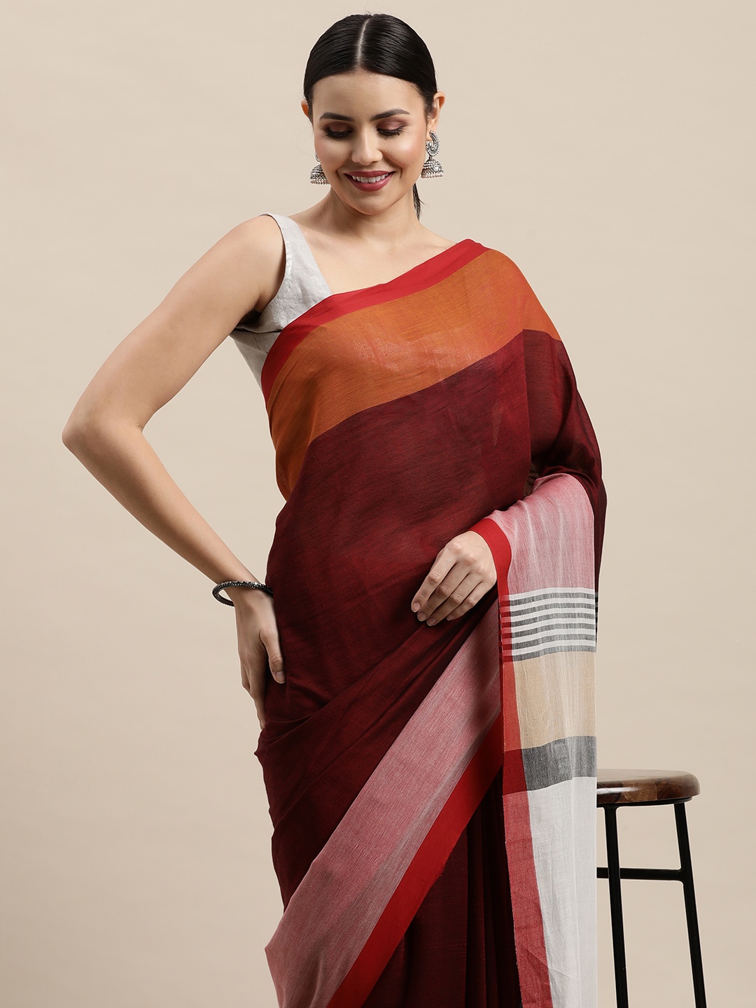 

ArtEastri Maroon & Orange Colourblocked Pure Cotton Taant Saree