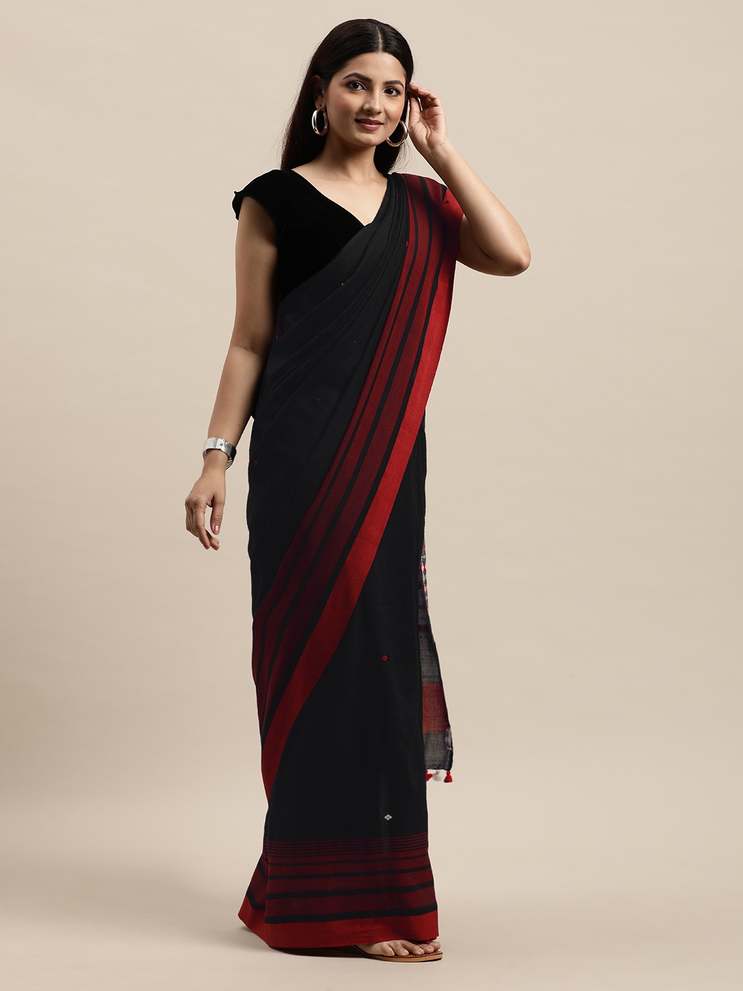 

ArtEastri Black & Maroon Cotton Assamese Saree Without Blouse Piece