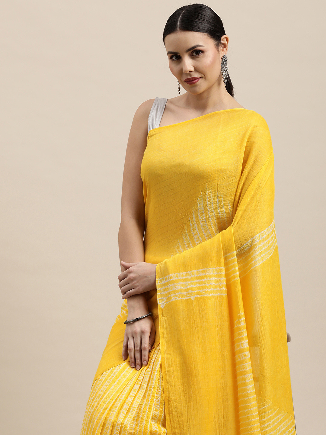 

ArtEastri Mustard Yellow & White Tie and Dye Pure Cotton Shibori Saree With Blouse Piece