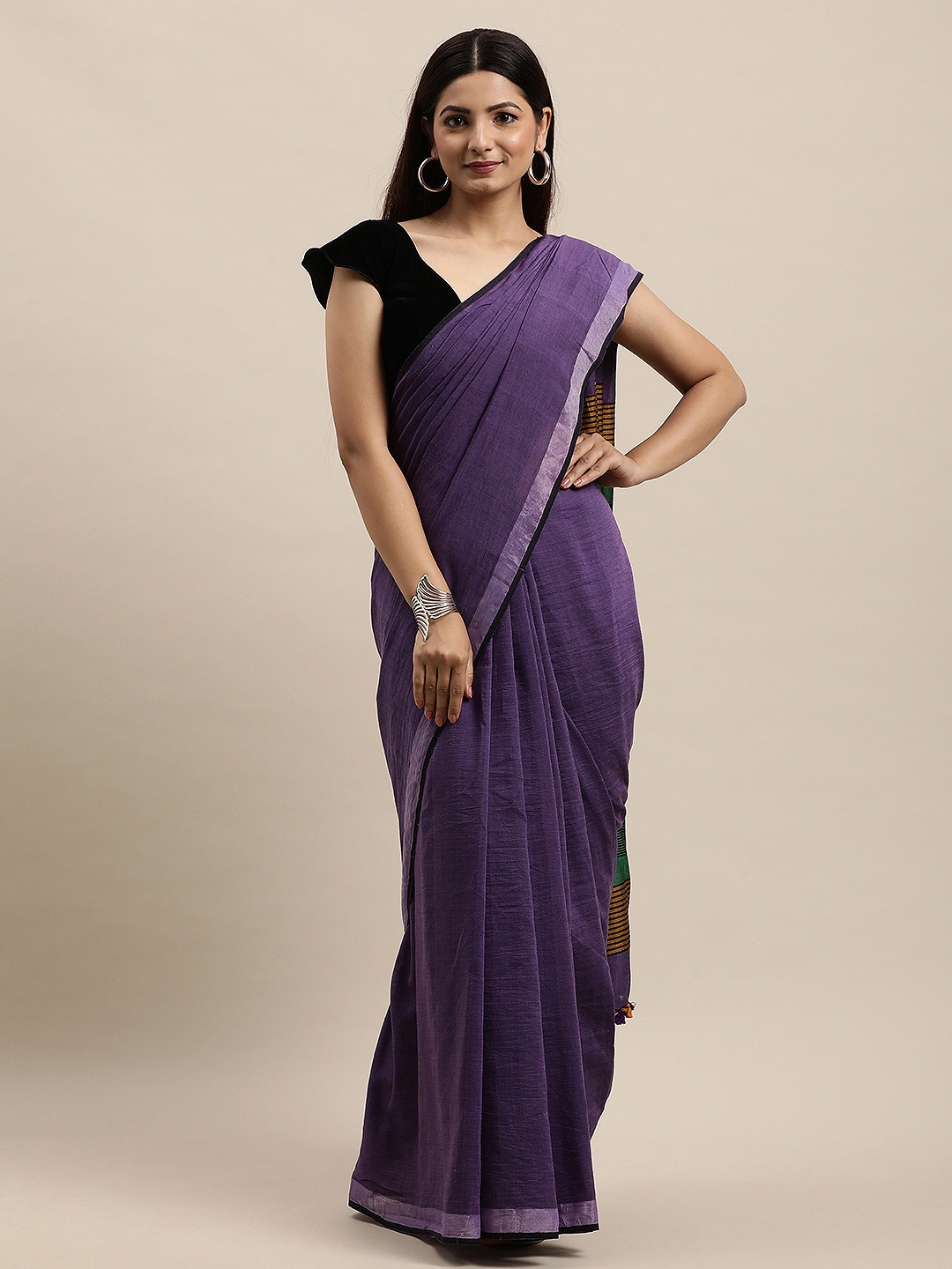 

ArtEastri Violet & Green Solid Pure Cotton Saree