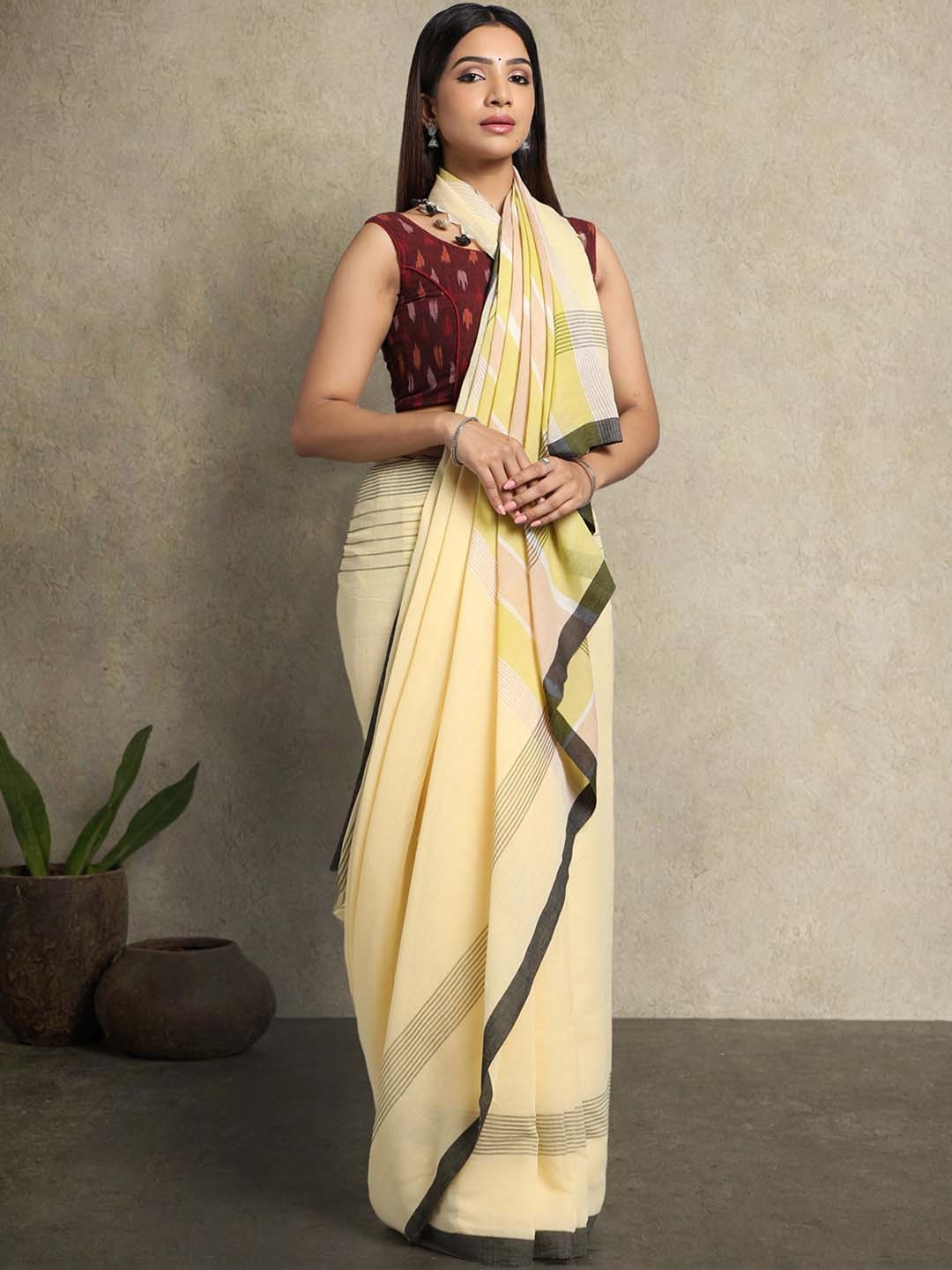 

ArtEastri Beige & Lime Green Striped Pure Cotton Taant Saree