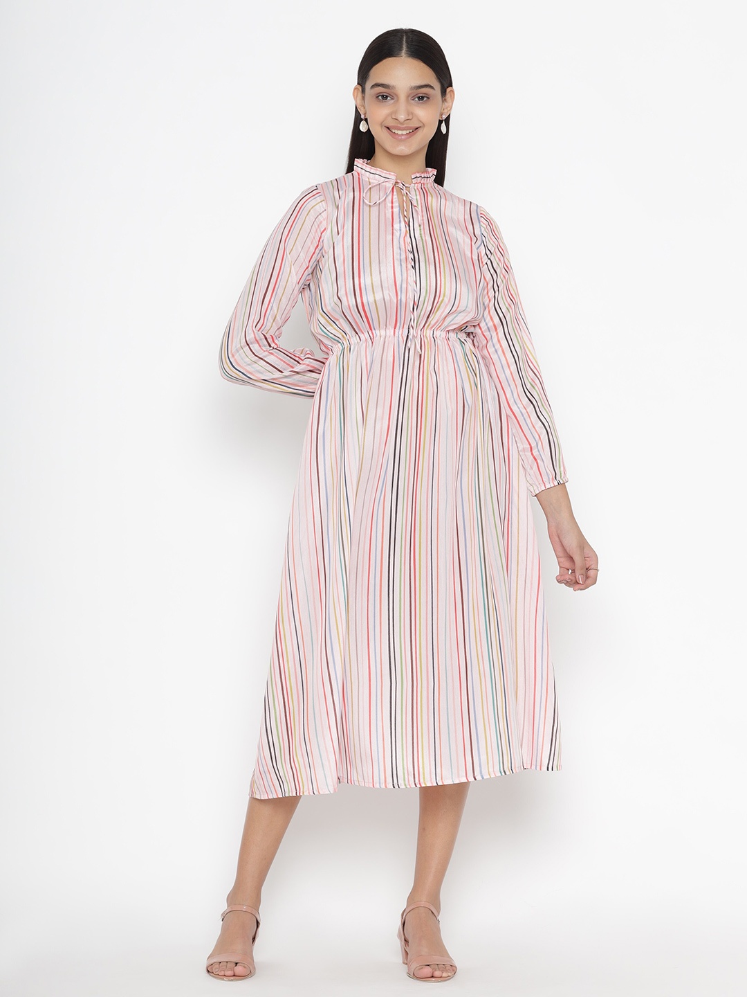 

OCTICS Multicoloured Striped Tie-Up Neck A-Line Midi Dress, Multi