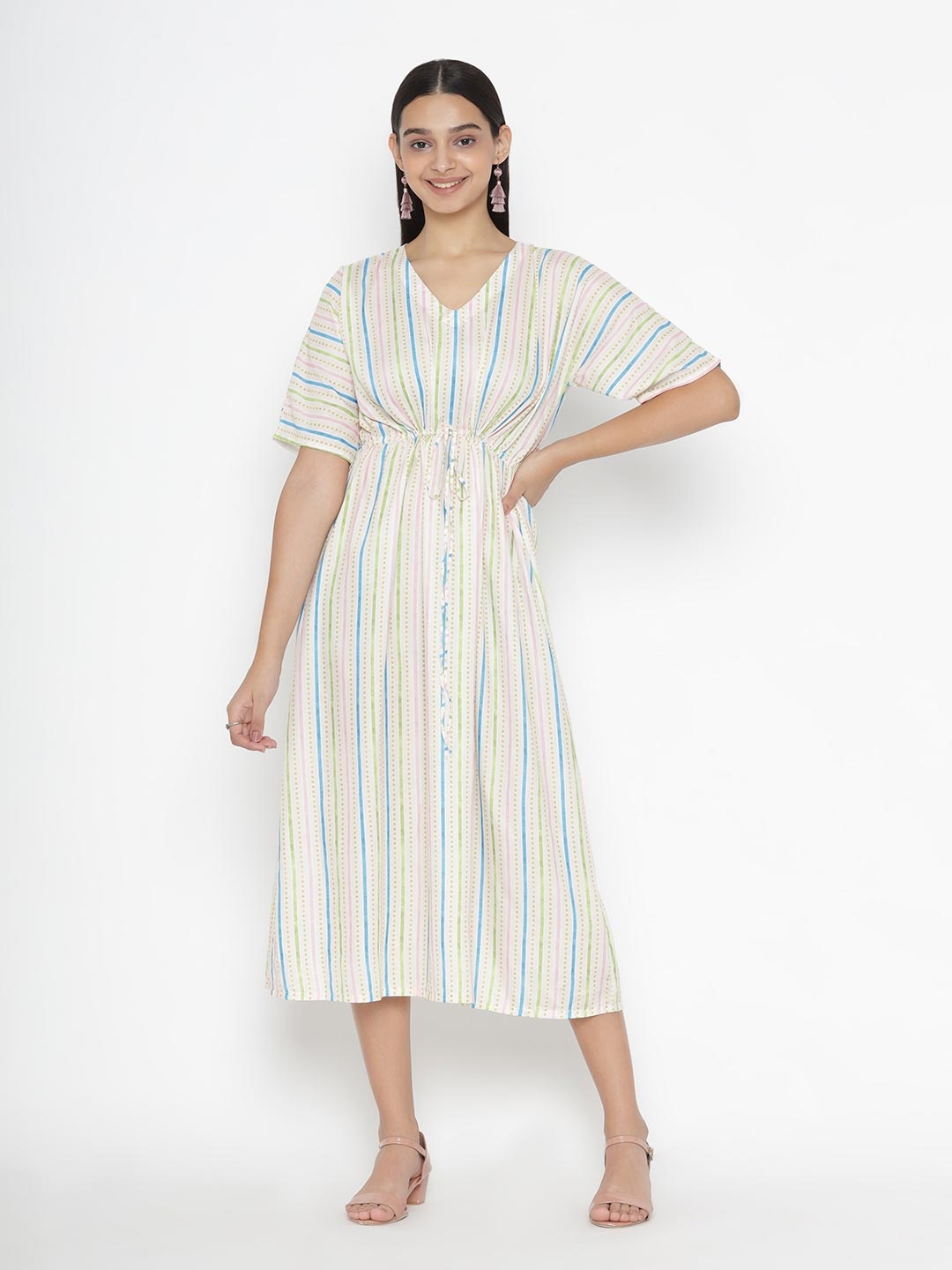 

OCTICS Multicoloured Striped A-Line Midi Dress, Multi