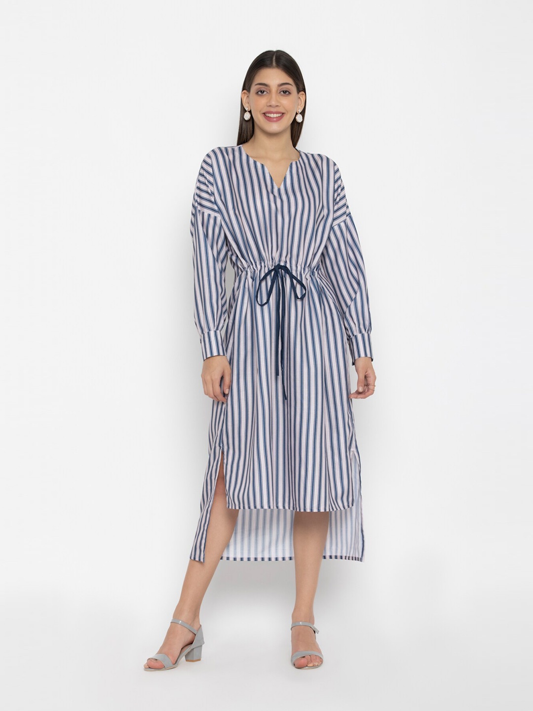 

OCTICS Blue Striped Drop Shoulder A-Line Midi Dress