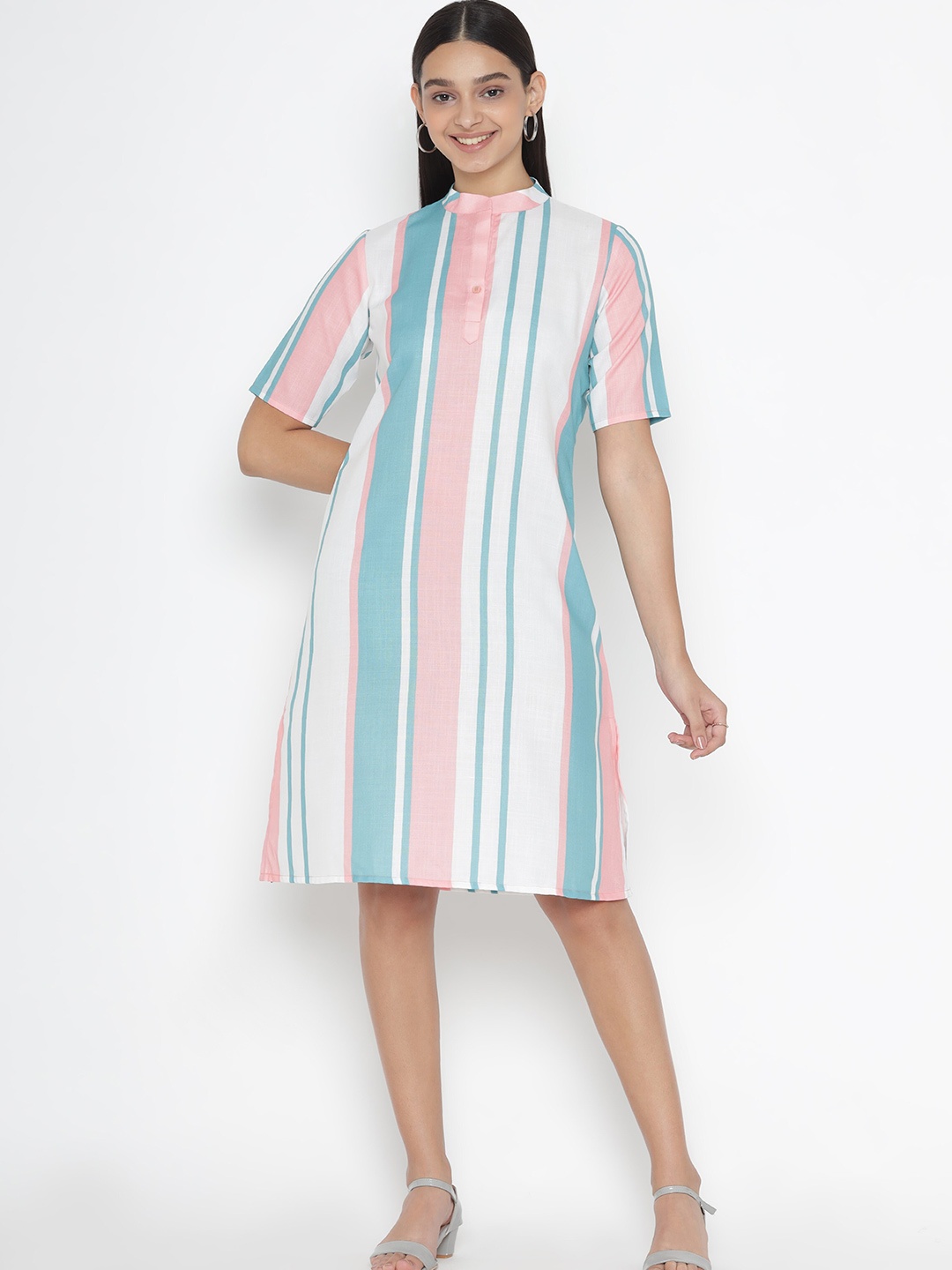 

OCTICS White & Blue Striped A-Line Dress