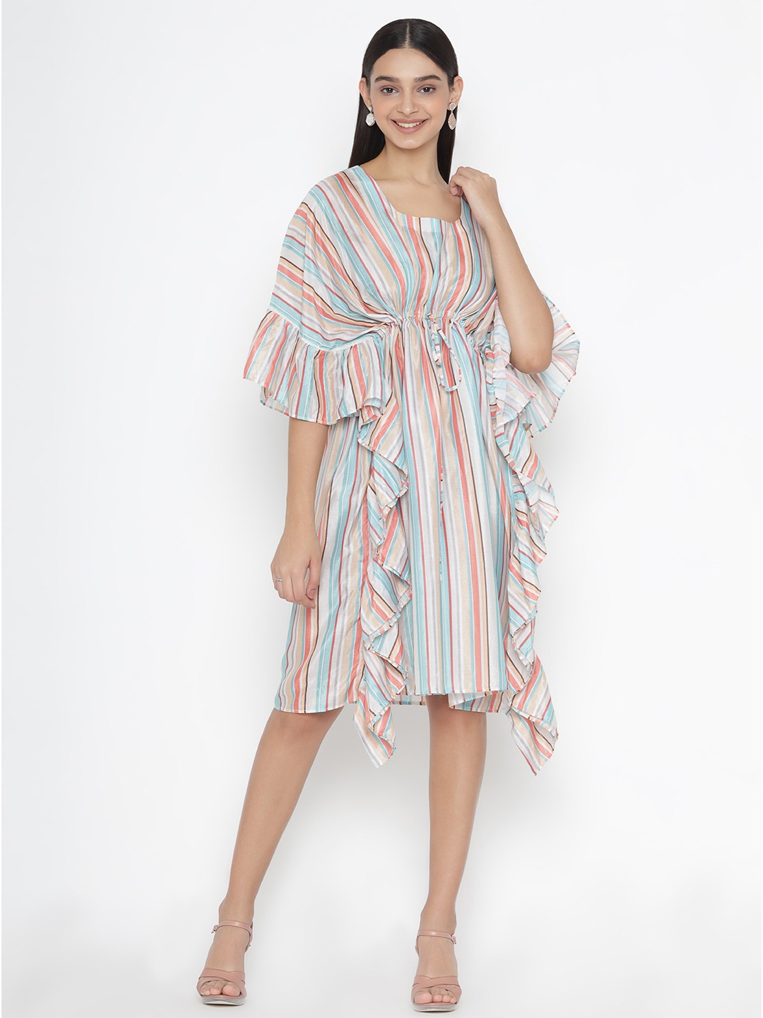 

OCTICS Women Off White & Blue Striped Printed Kaftan Dress