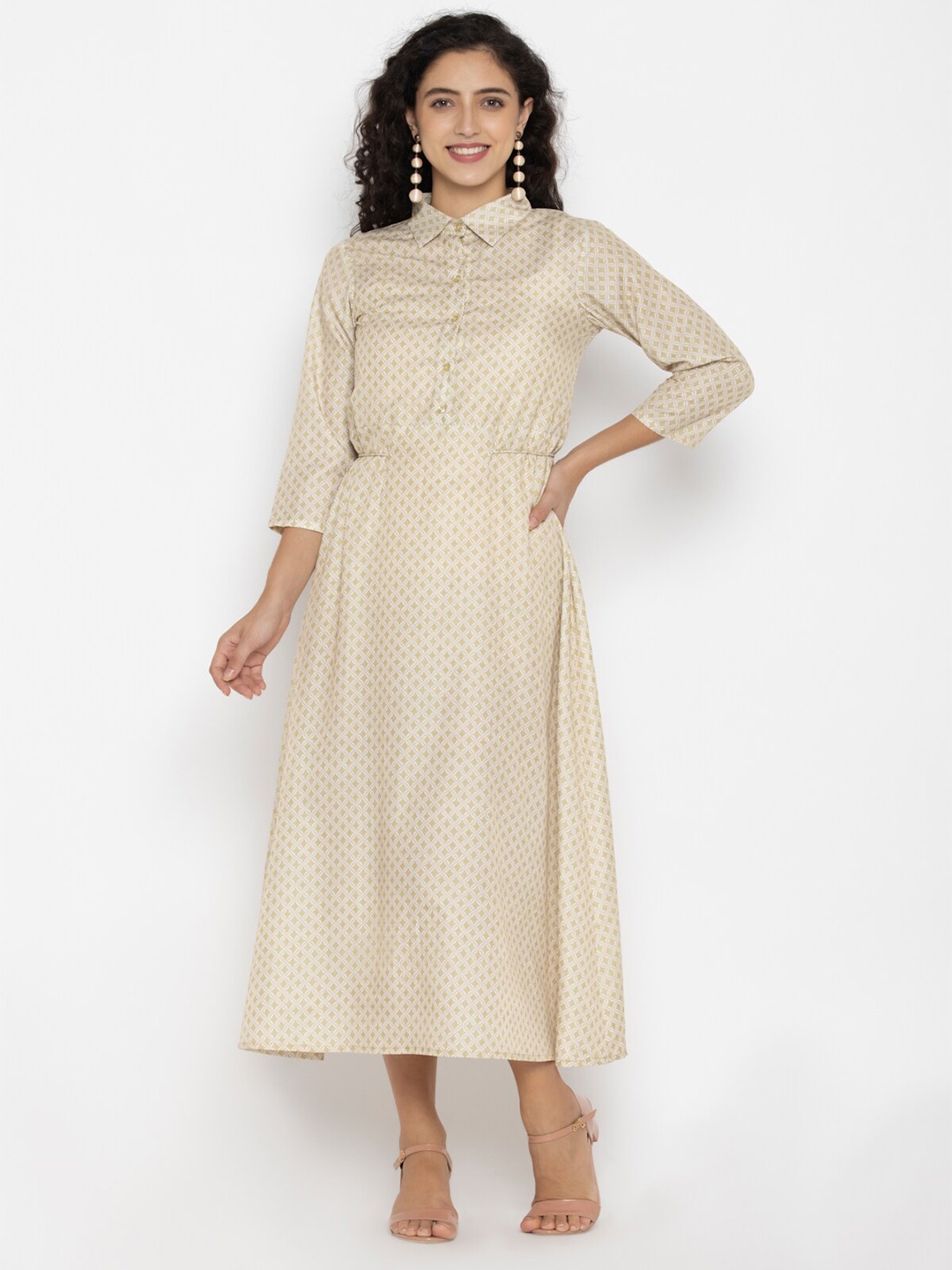 

OCTICS Women Cream-Coloured Micro Printed Pattern Midi Dress