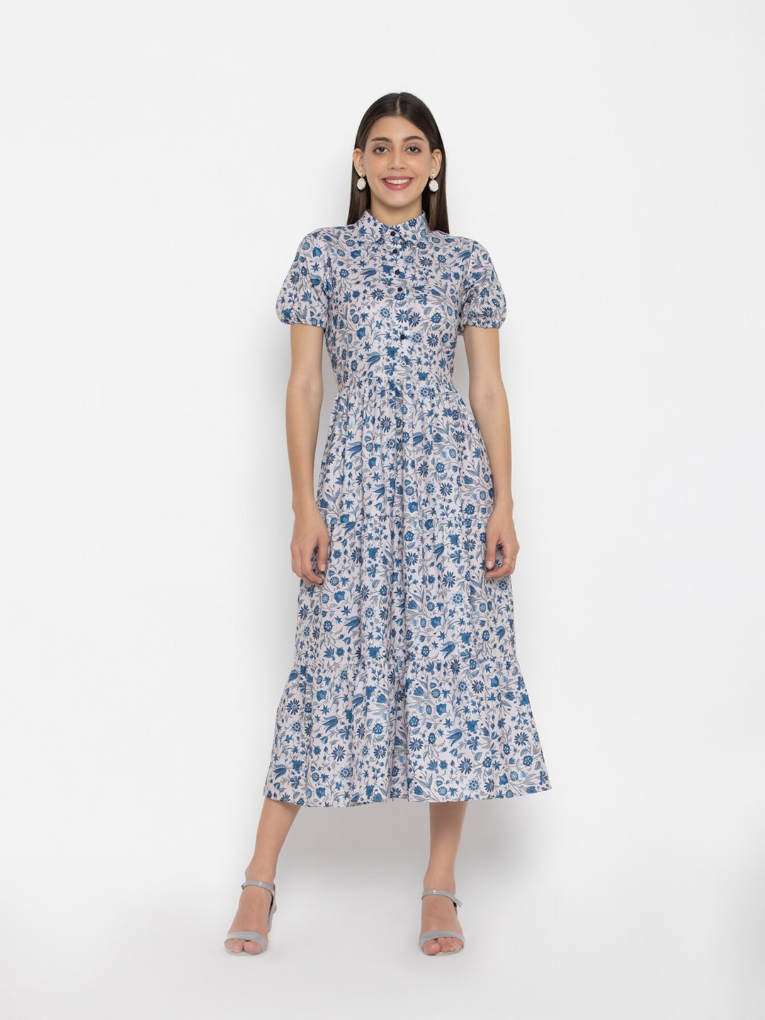 

OCTICS Off White & Blue Floral Midi Dress