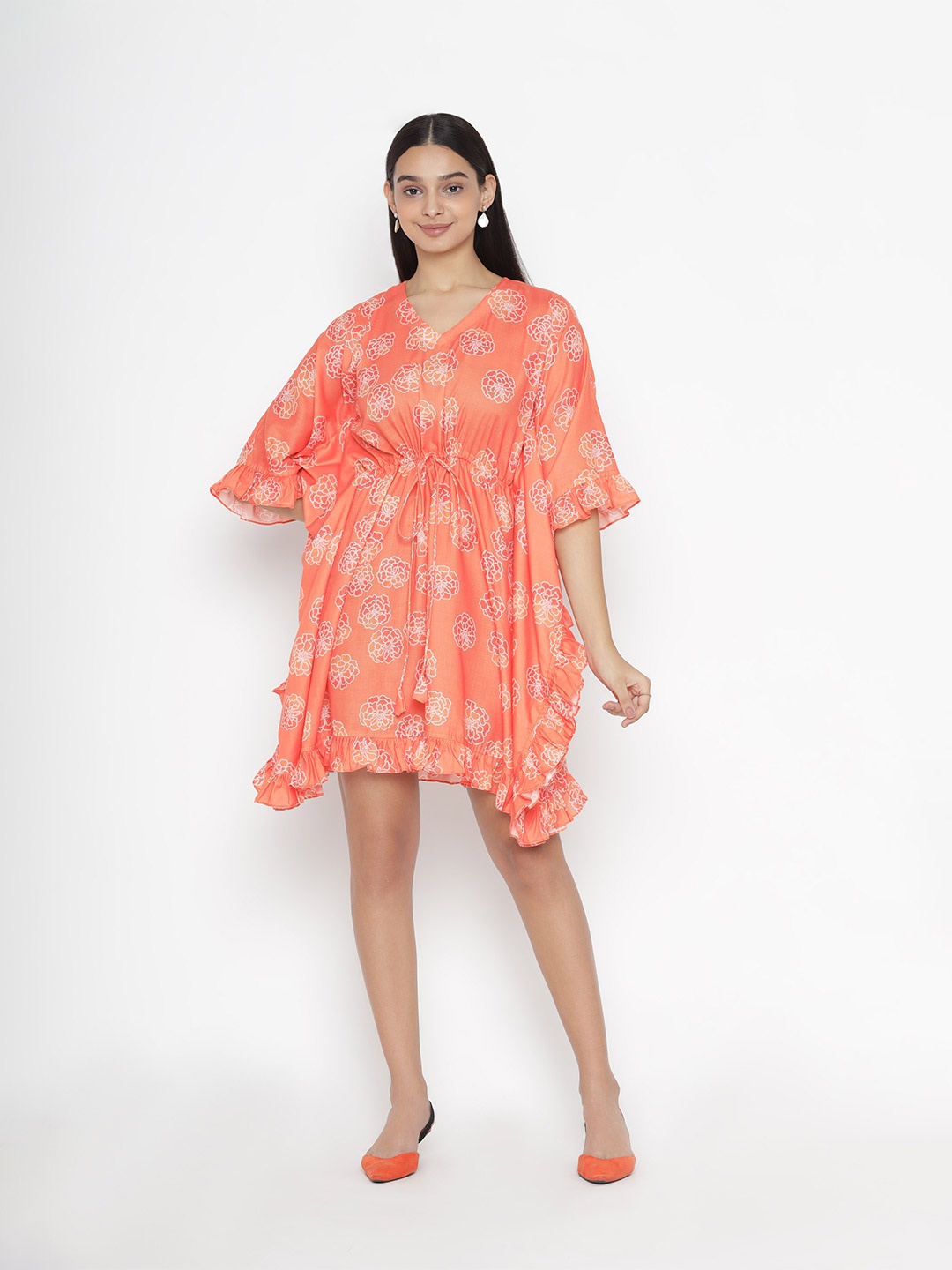 

OCTICS Orange Floral Kaftan Dress