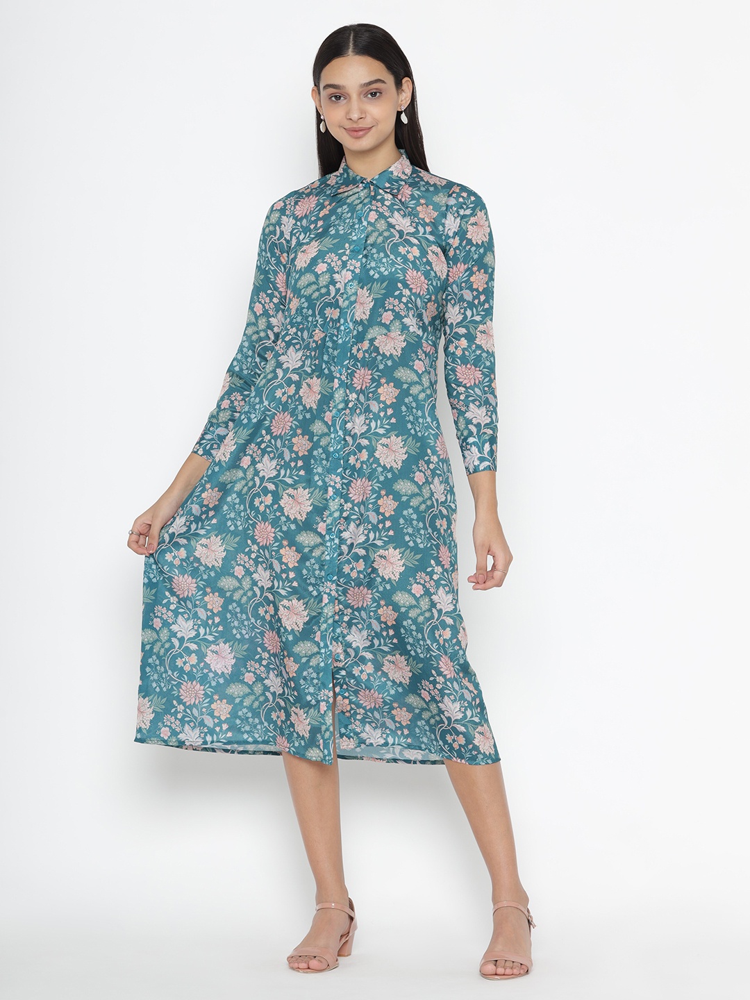

OCTICS Women Blue Floral Printed Chiffon Shirt Midi Dress