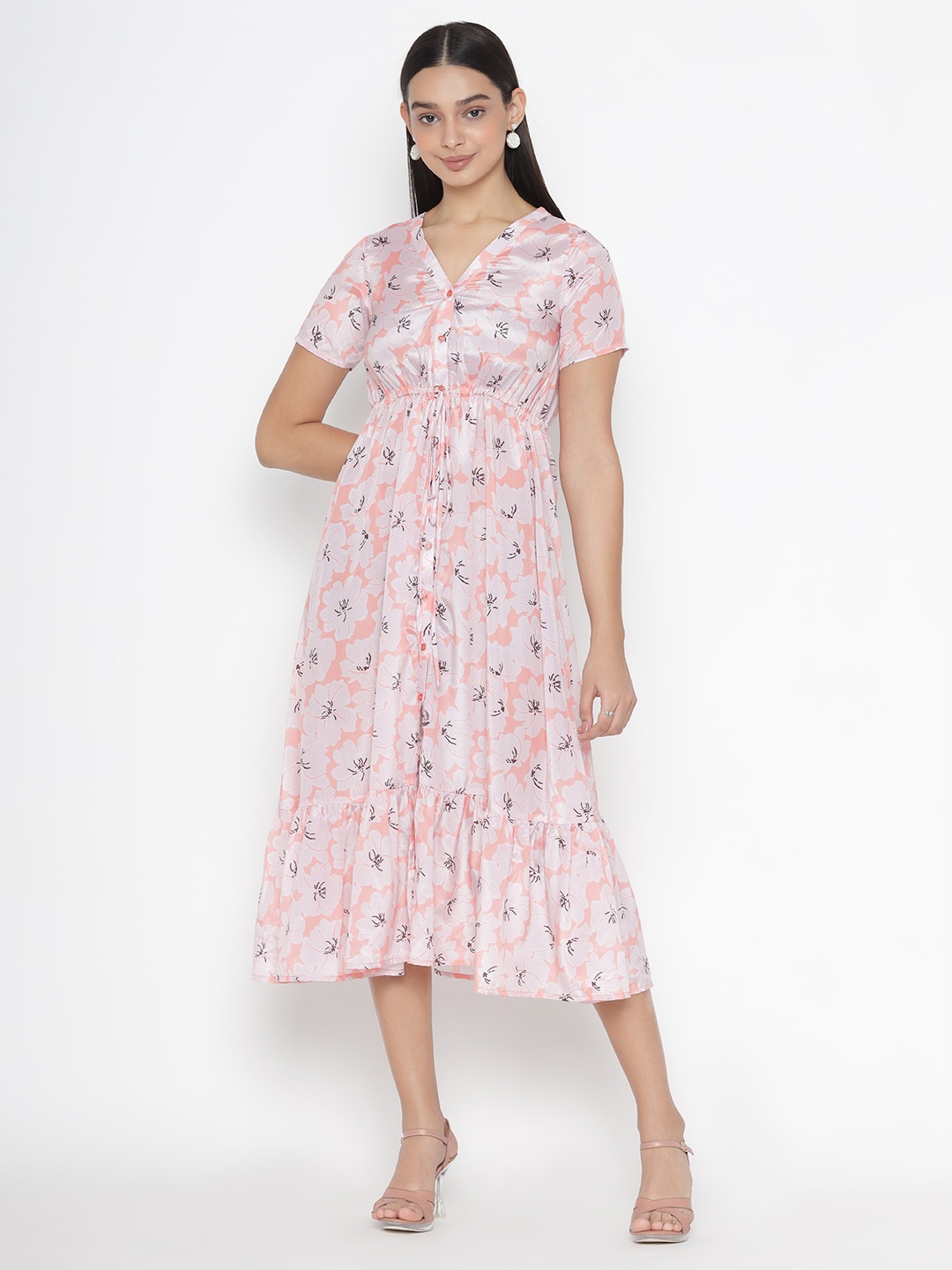 

OCTICS White & Pink Floral Chiffon Empire Midi Dress
