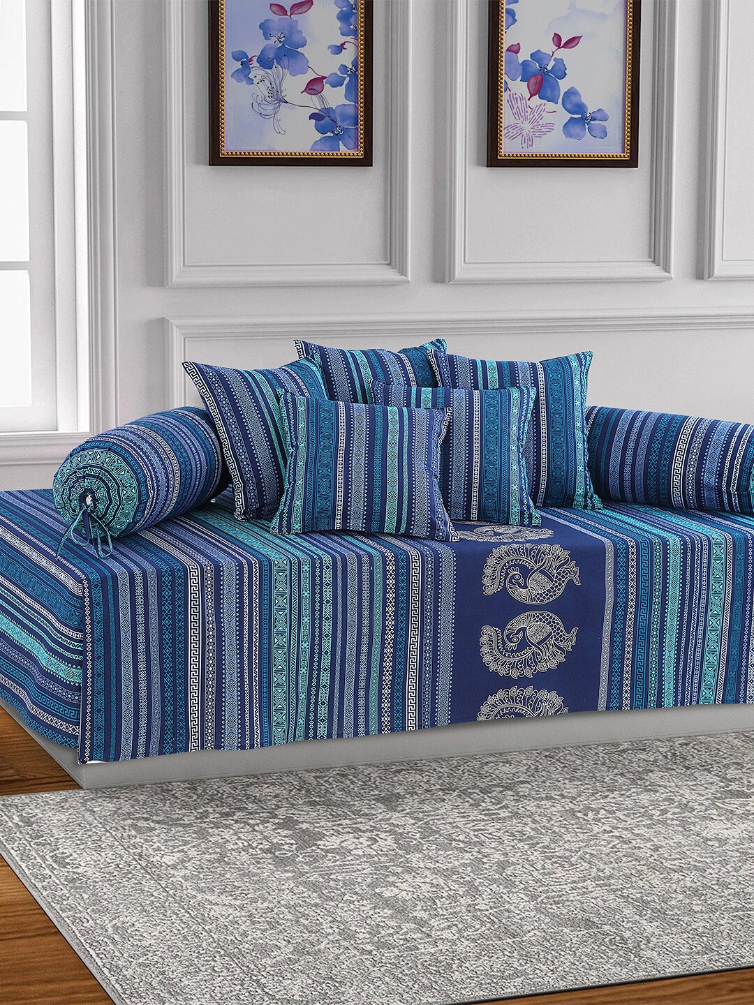 

Salona Bichona 8-Pieces Blue Printed 120TC Pure Cotton Diwan Set