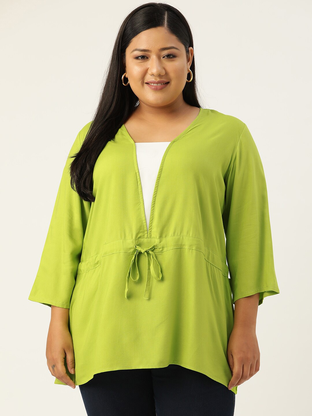 

theRebelinme Plus Size Green & White Solid Waist Tie-Ups Regular Top