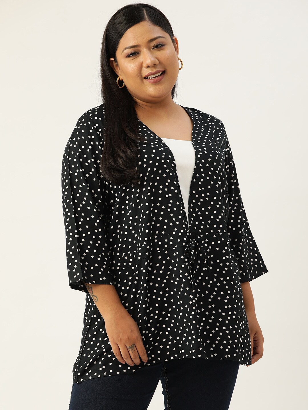 

theRebelinme Plus Size Black & White Printed Waist Tie-Ups Regular Top