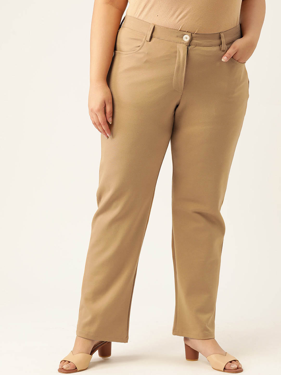 

theRebelinme Women Plus size Beige Smart Straight Fit High-Rise Trousers
