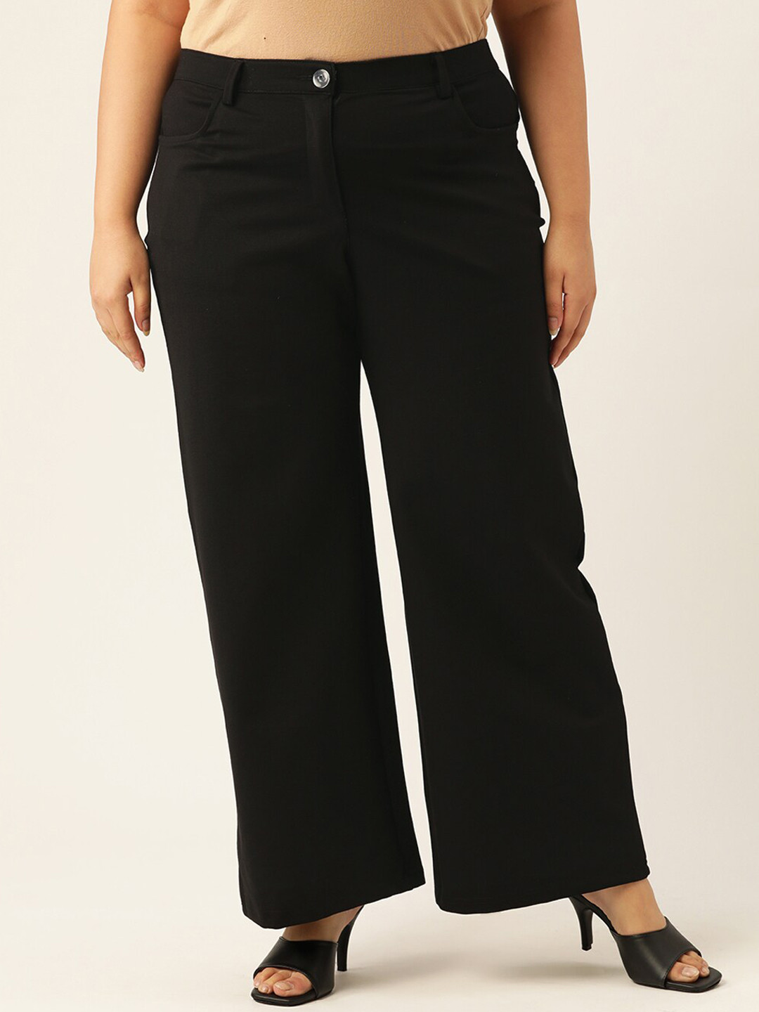 

theRebelinme Women Black Smart Flared High-Rise Trousers