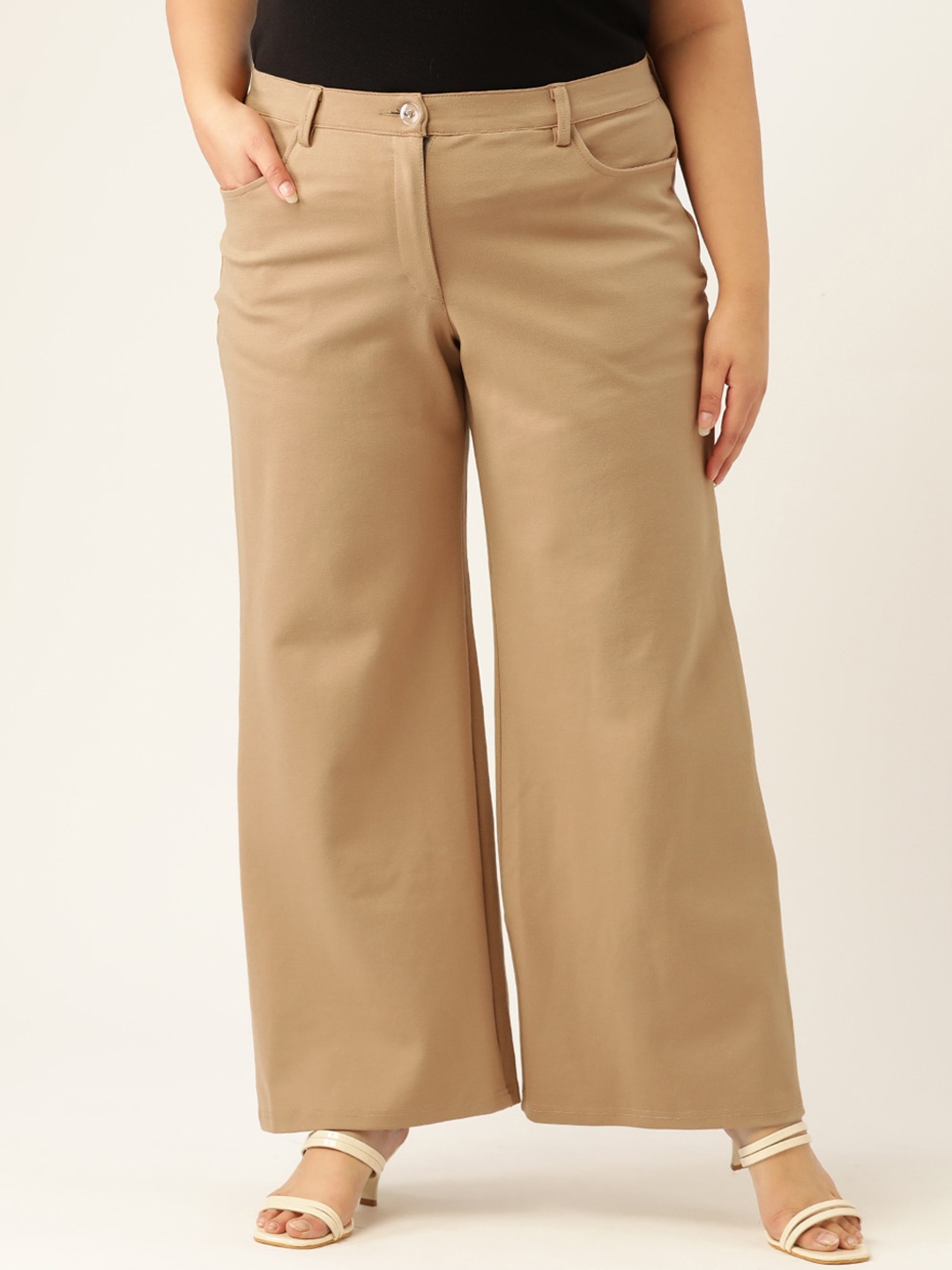 

theRebelinme Women Plus size Beige Smart Flared High-Rise Trousers