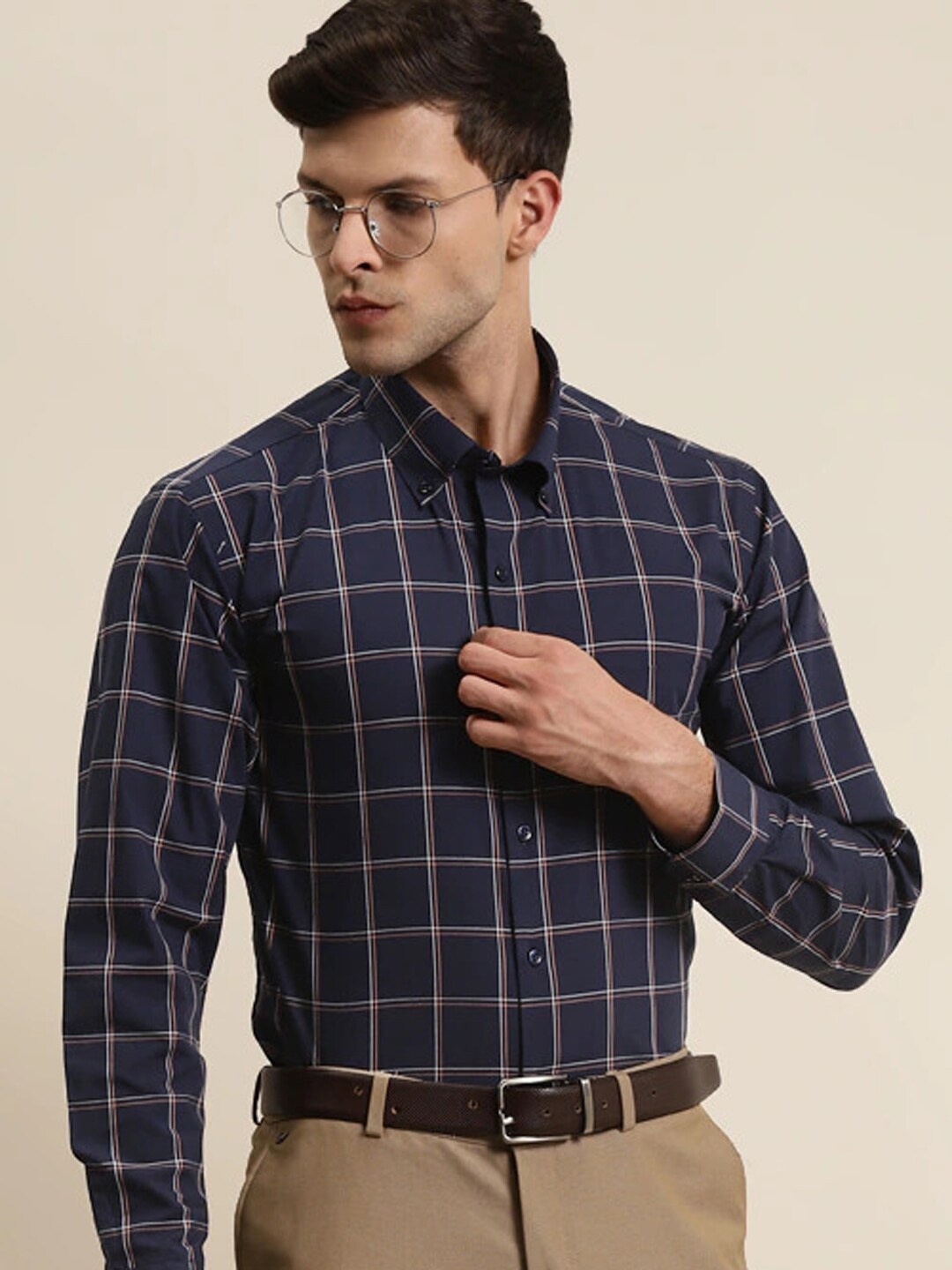 

Hancock Men Blue Slim Fit Windowpane Checks Checked Formal Shirt