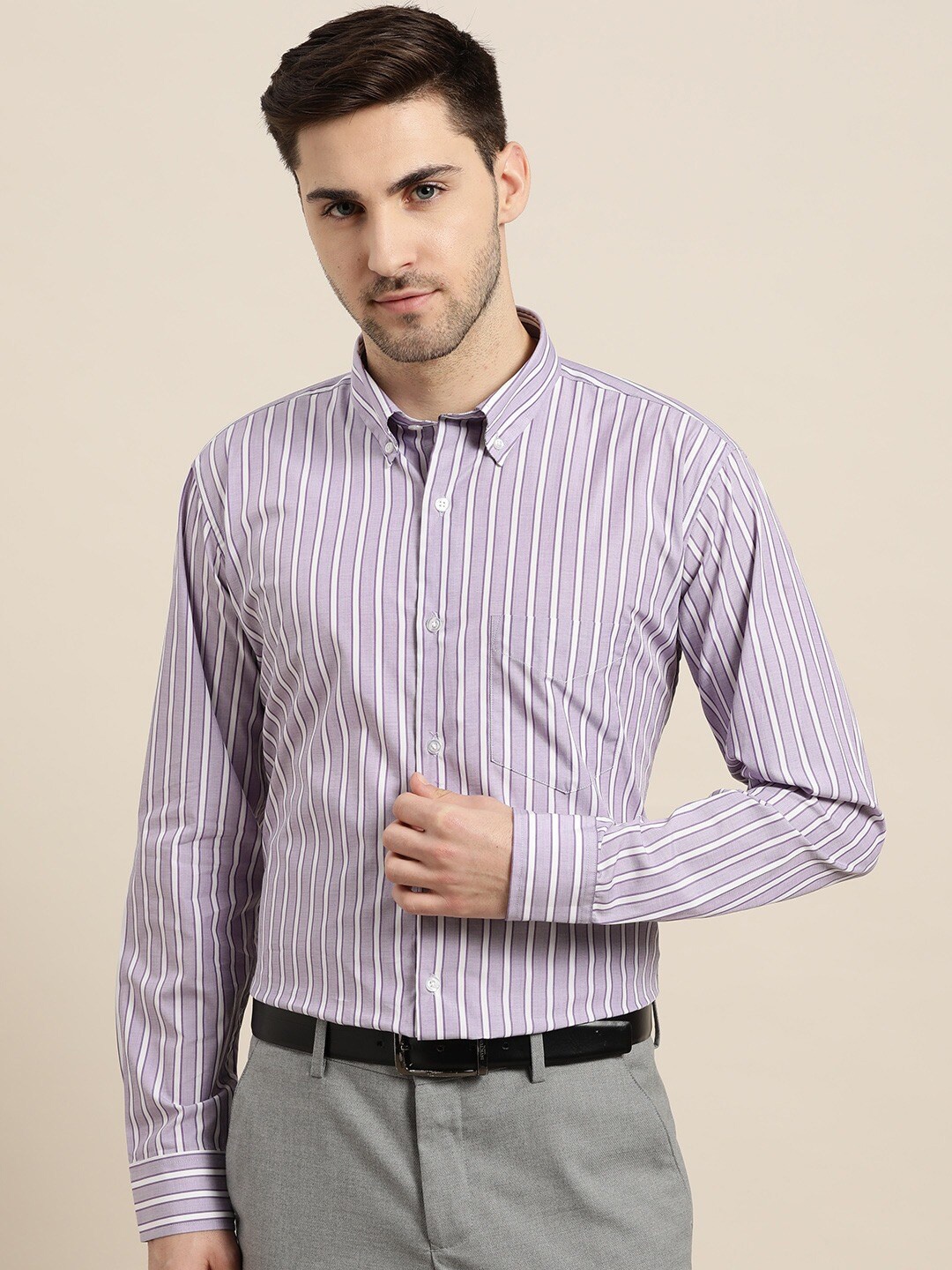 

Hancock Men Purple Slim Fit Striped Formal Shirt
