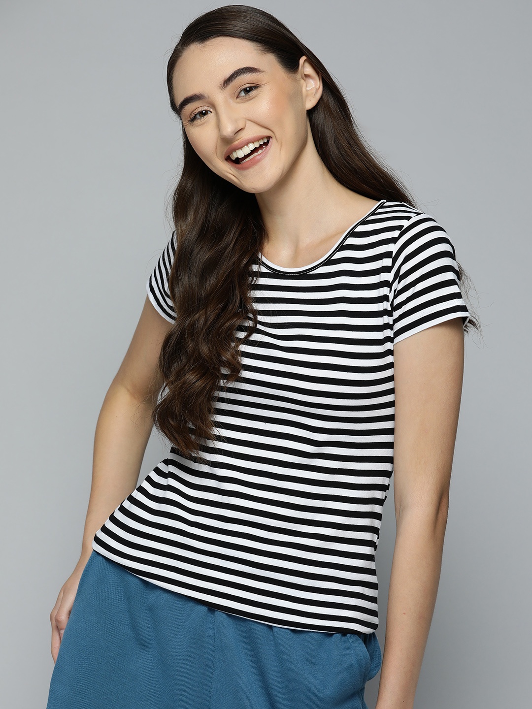 

HERE&NOW Women Black & White Striped Pure Cotton Lounge T-shirt