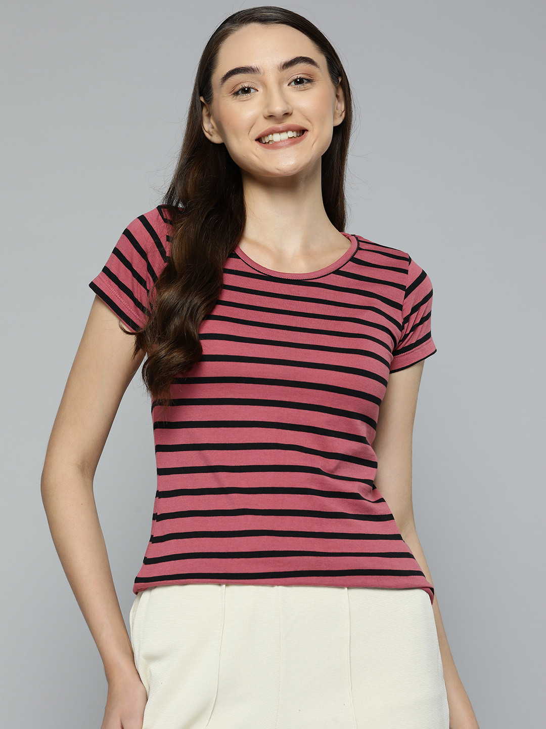 

HERE&NOW Women Mauve Pink & Black Striped Pure Cotton Lounge T-shirt