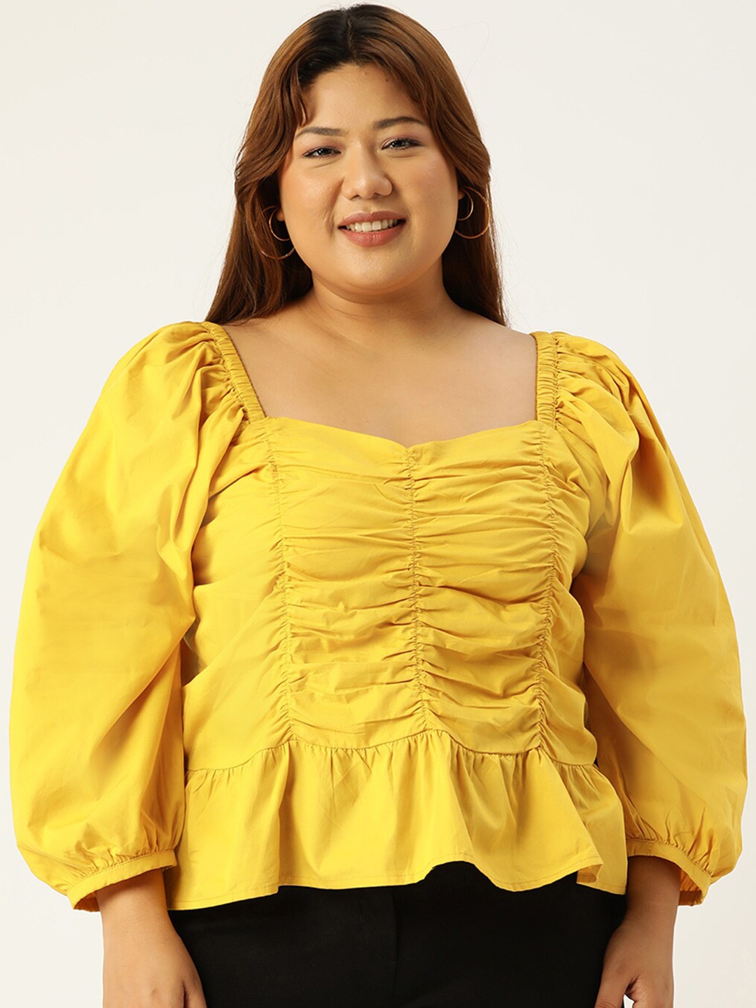 

theRebelinme Women Plus Size Mustard Yellow Solid Sweetheart Neck Peplum Crop Top