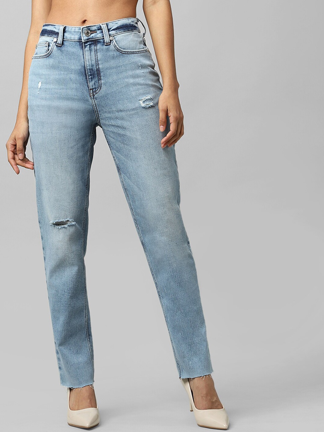 

ONLY UNIQUE COLLECTION Women Blue Straight Fit High-Rise Slash Knee Heavy Fade Denim Jeans