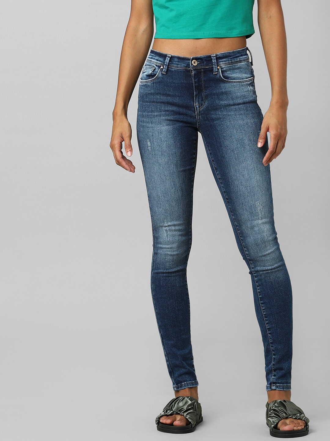 

ONLY Women Blue Skinny Fit High-Rise Mildly Distressed Heavy Fade Denim Jeans