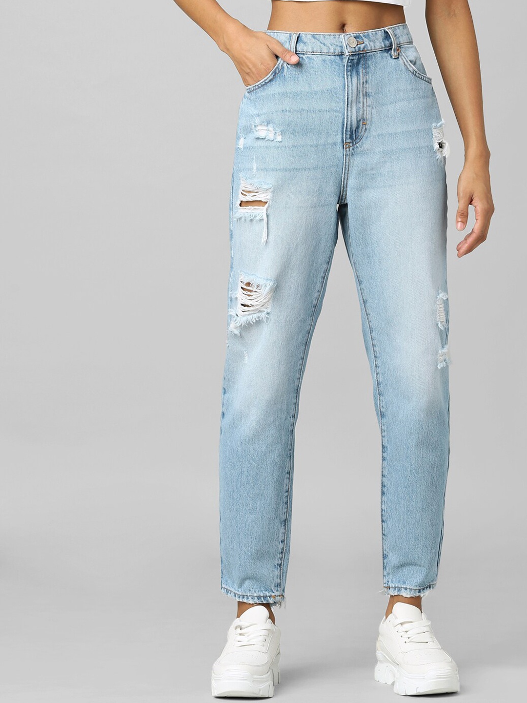 

ONLY Women Blue High-Rise Highly Distressed Light Fade Jeans