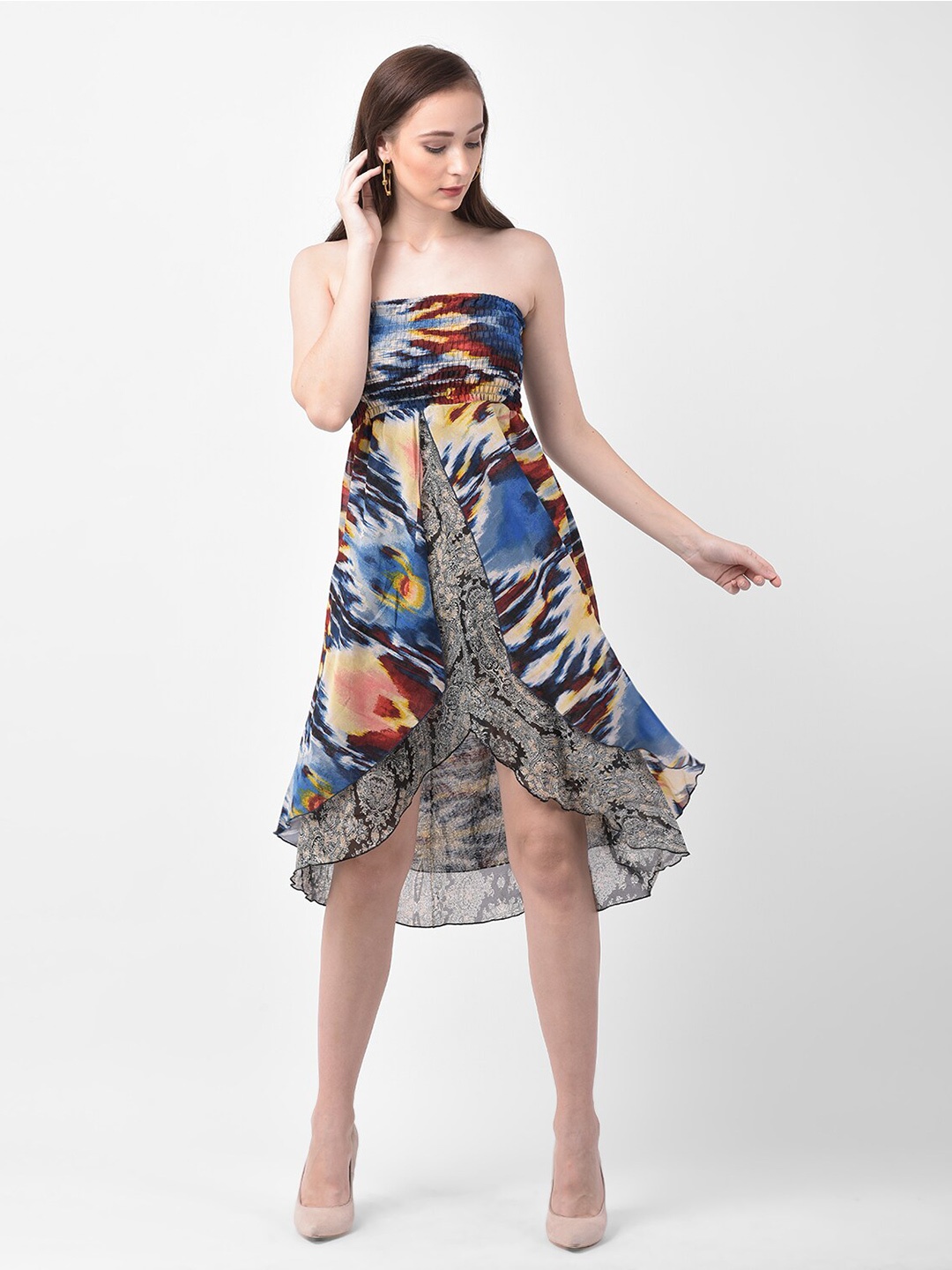 

250 DESIGNS Multicoloured Abstract Print Off-Shoulder Layered Georgette Midi Dress, Multi