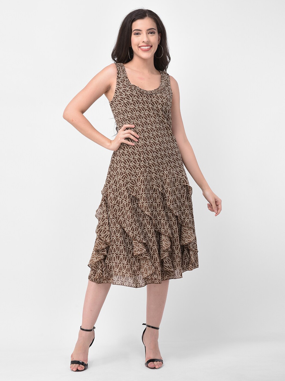 

250 DESIGNS Brown Animal Georgette Midi Dress