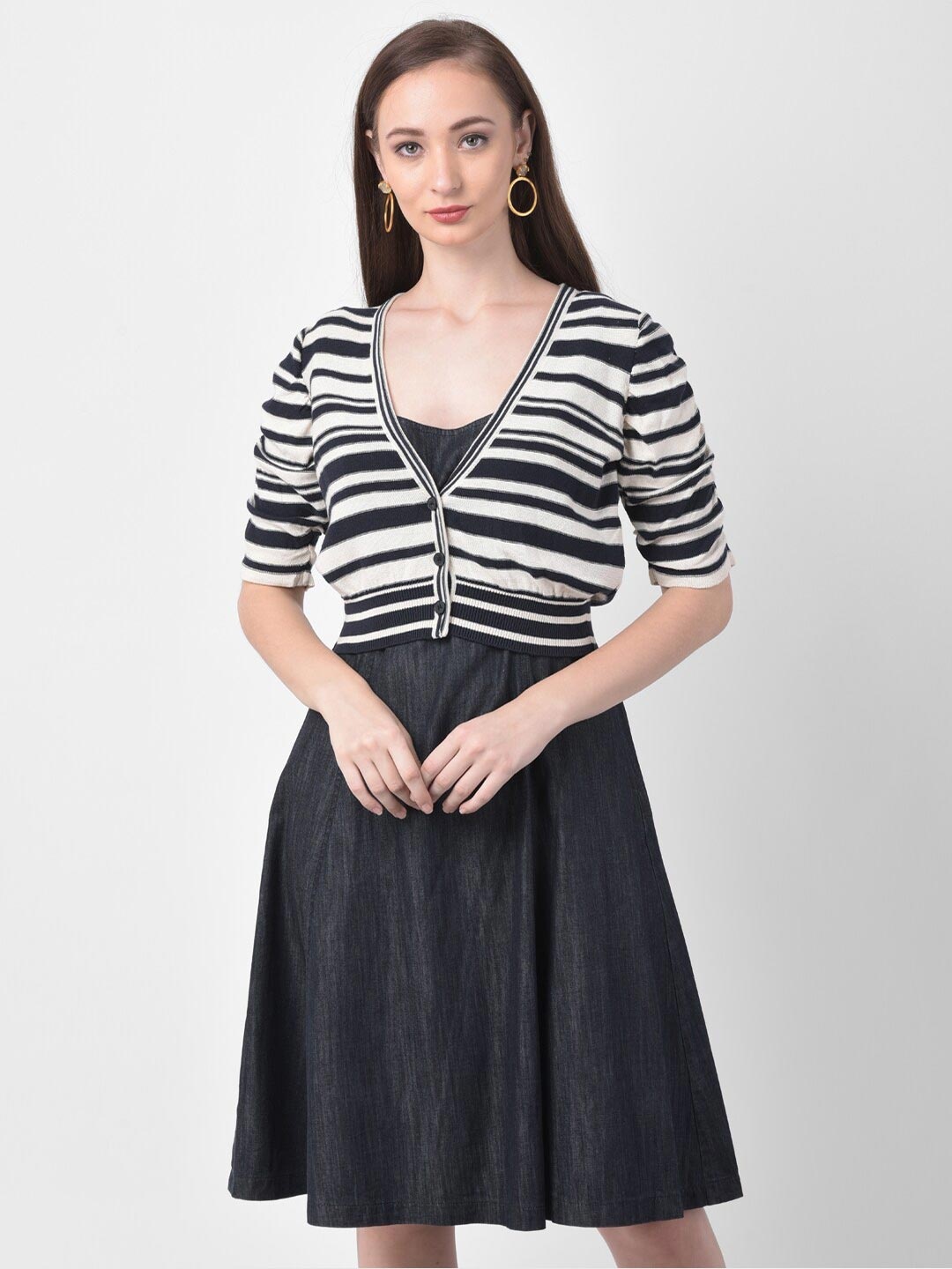 

250 DESIGNS Women Black & Off White Striped Denim Knee Length Dress