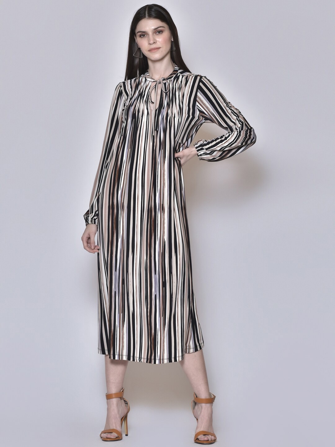 

250 DESIGNS Multicoloured Striped Georgette A-Line Midi Dress, Multi