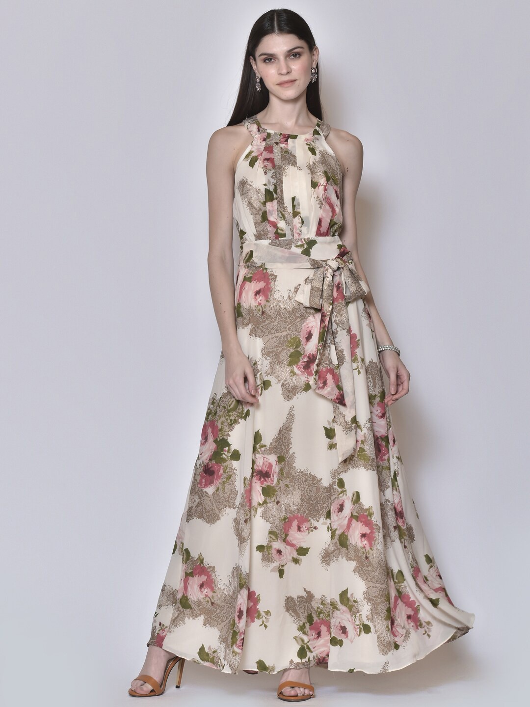 

250 DESIGNS Women Beige Floral Halter Neck Georgette Maxi Dress