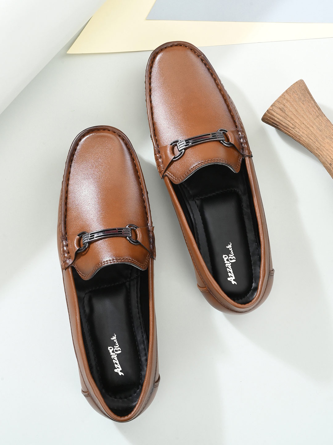 

Azzaro Black Men Tan Solid Slip On Loafers