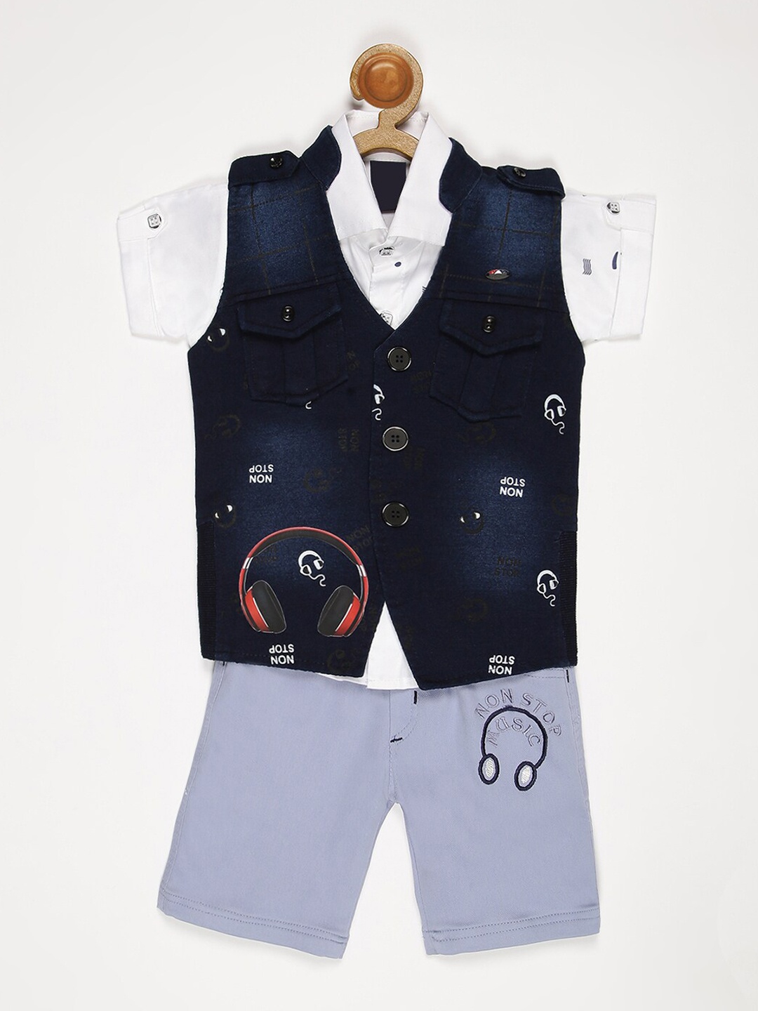 

V2 Value & Variety Boys White & Blue Printed Shirt with Shorts