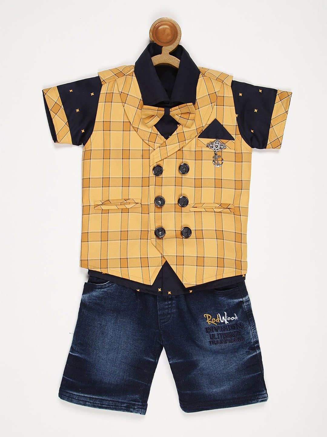 

V2 Value & Variety Boys Mustard & White Checked Shirt with Shorts