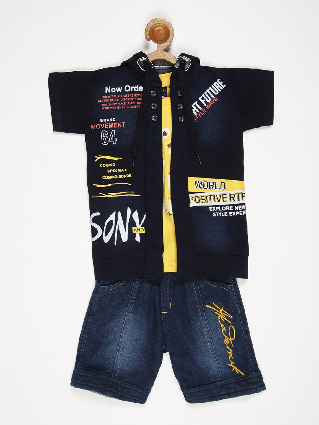 

V2 Value & Variety Boys Yellow & Blue Printed Cotton T-shirt with Shorts & Jacket